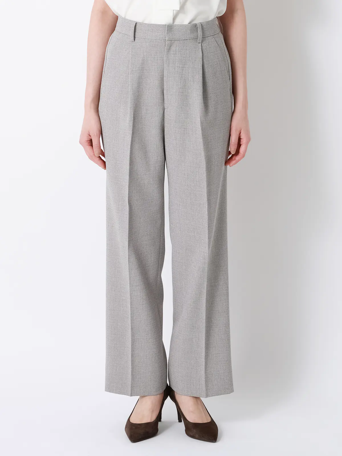 CHANTOWA／タックストレートパンツ／ウォッシャブル／クリスピーツイード／織柄／ベルト付き グレージュ 36(7号）