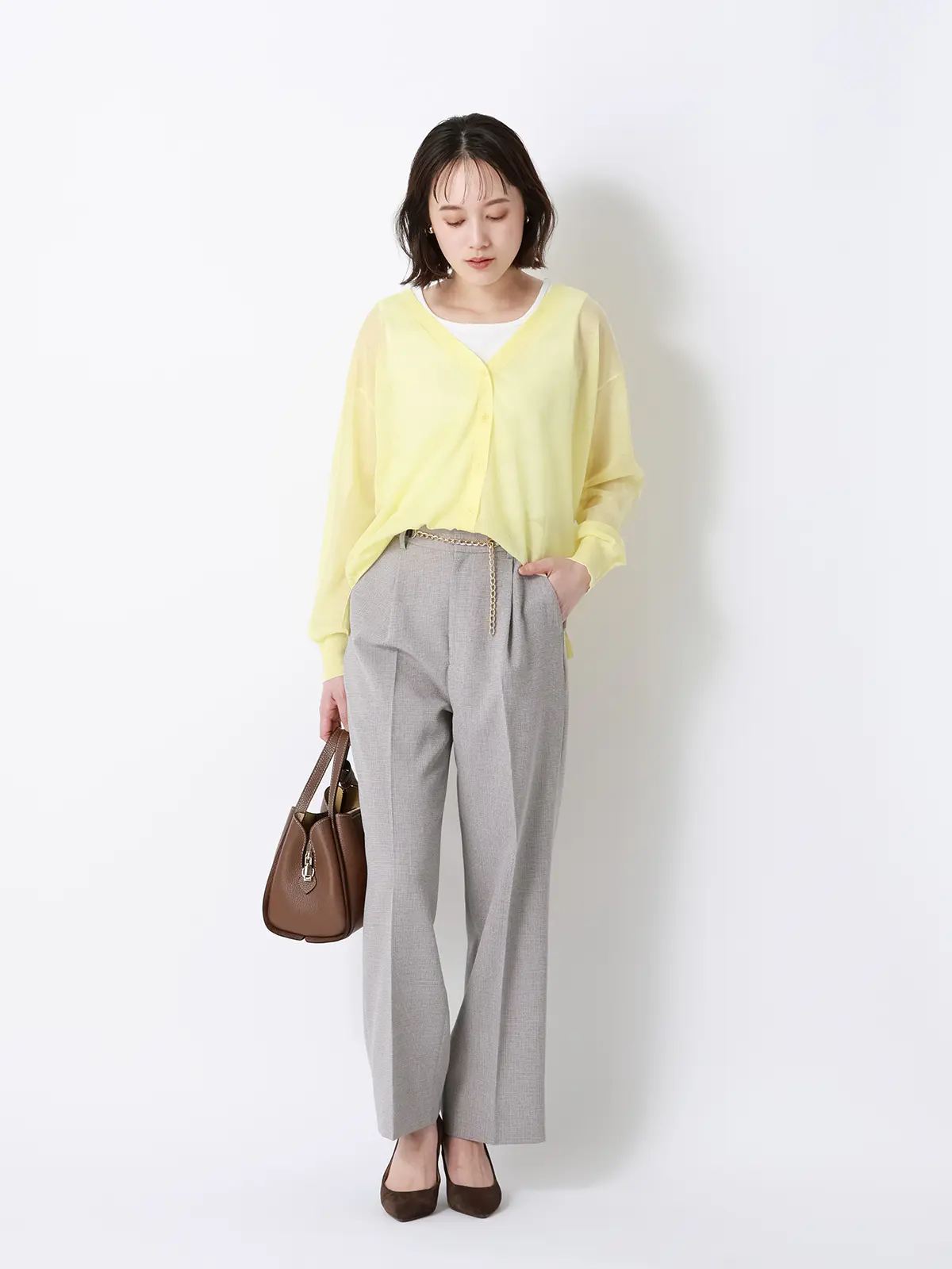 CHANTOWA／タックストレートパンツ／ウォッシャブル／クリスピーツイード／織柄／ベルト付き グレージュ 36(7号）