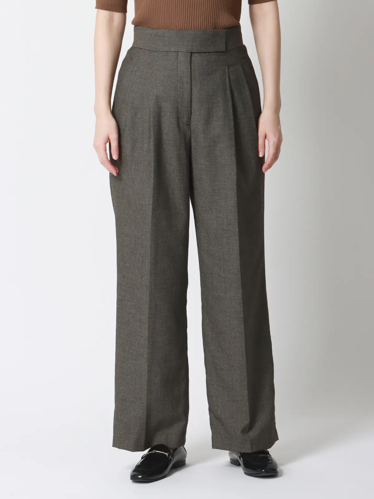 WEAR SHiFT／タックワイドパンツ／尾州／リサイクルウールブレンド／ヘリンボーン ベージュ 38(9号）