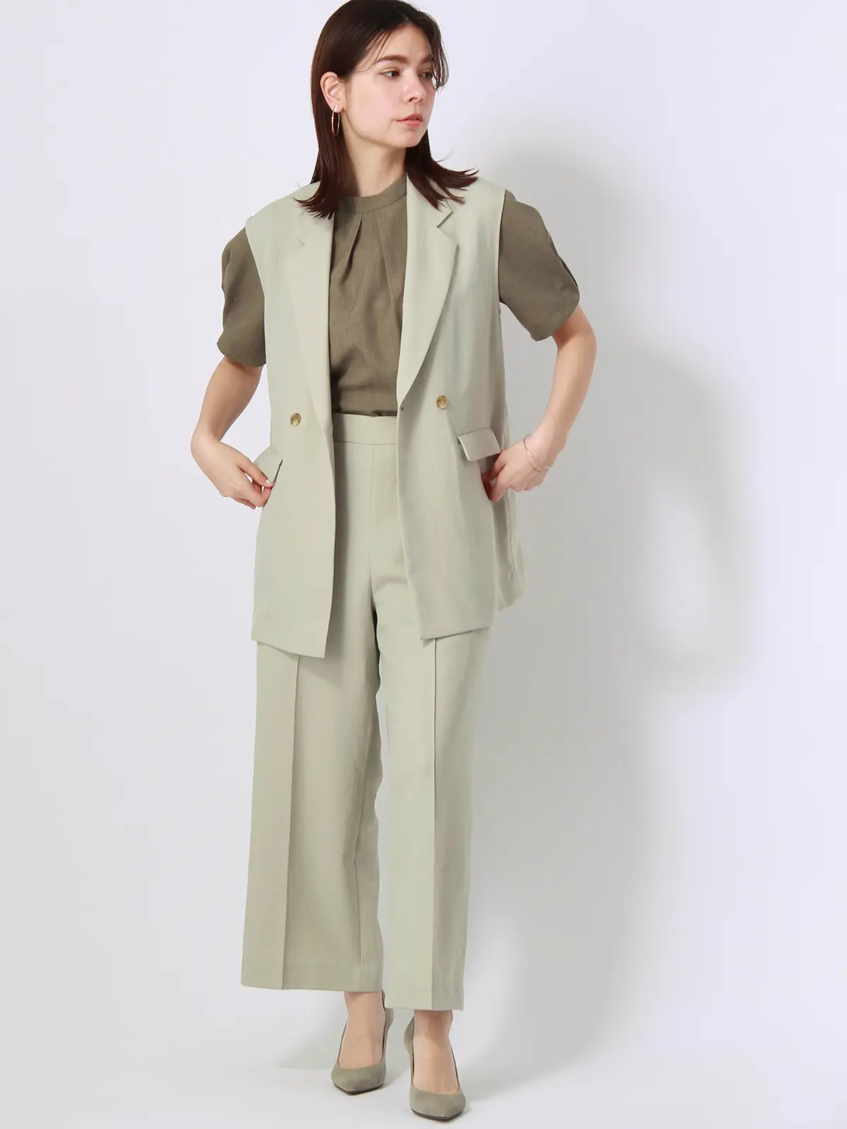 【訳アリ商品】ピンタックワイドストレートパンツ/ウォッシャブル/メランジツイル/SY加工/無地 グリーン 38(9号)
