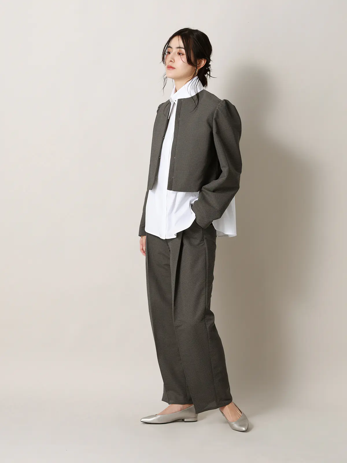 【2／23　23:59までWEB先行販売中】CIS.／タックテーパードパンツ／ハウンドトゥース グレー 34(5号）