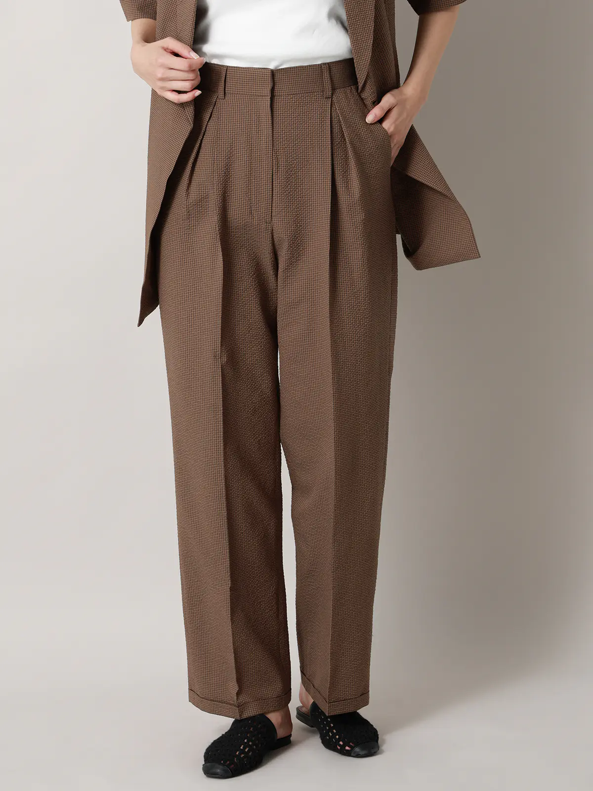 【2／23　23:59までWEB先行販売中】CIS.／ストレートパンツ／ギンガムチェック ブラウン 34(5号）