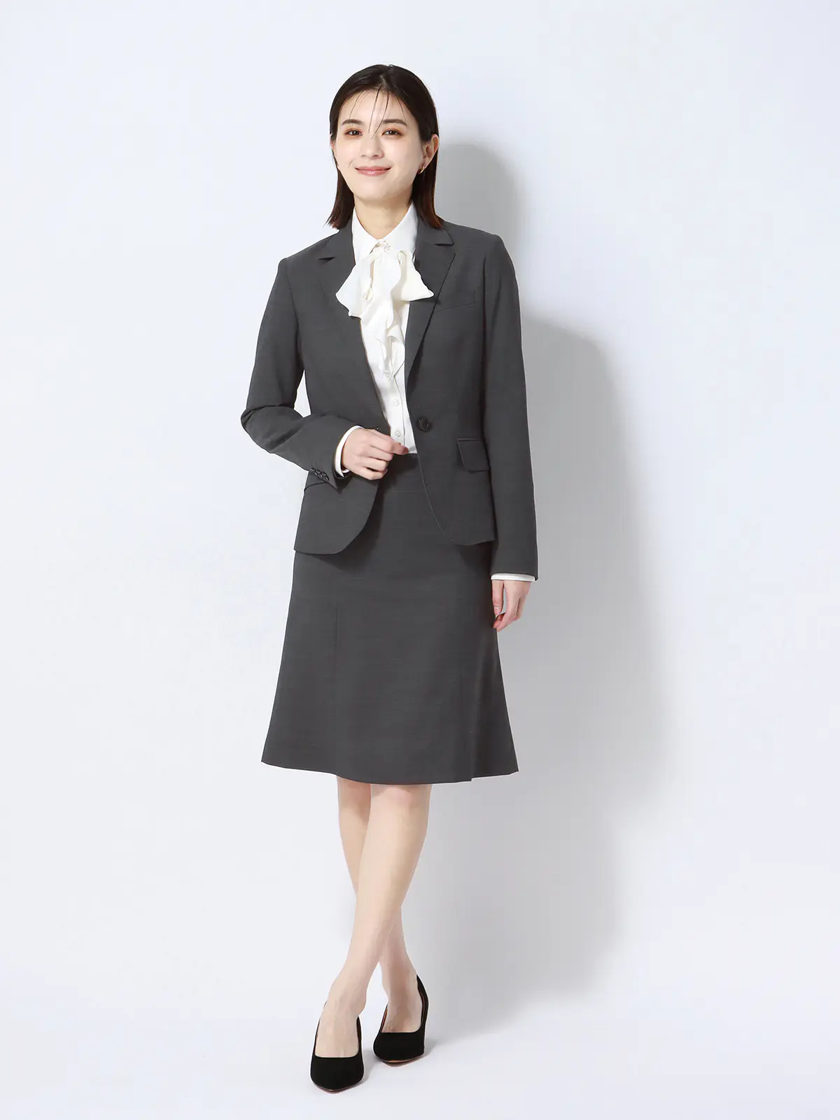 フレアスカート／ウォッシャブル／ストレッチ／ウールブレンド／ピンチェック グレー 34(5号）