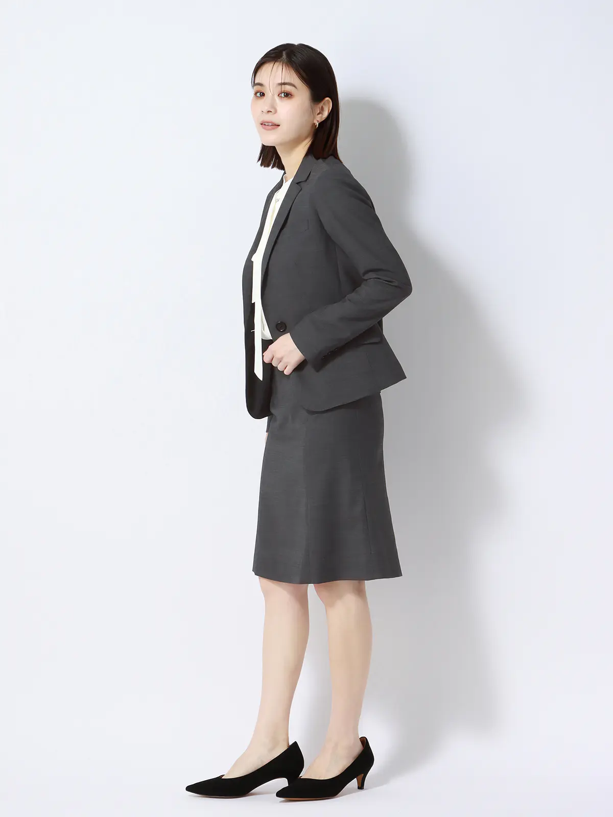 フレアスカート／ウォッシャブル／ストレッチ／ウールブレンド／ピンチェック グレー 34(5号）