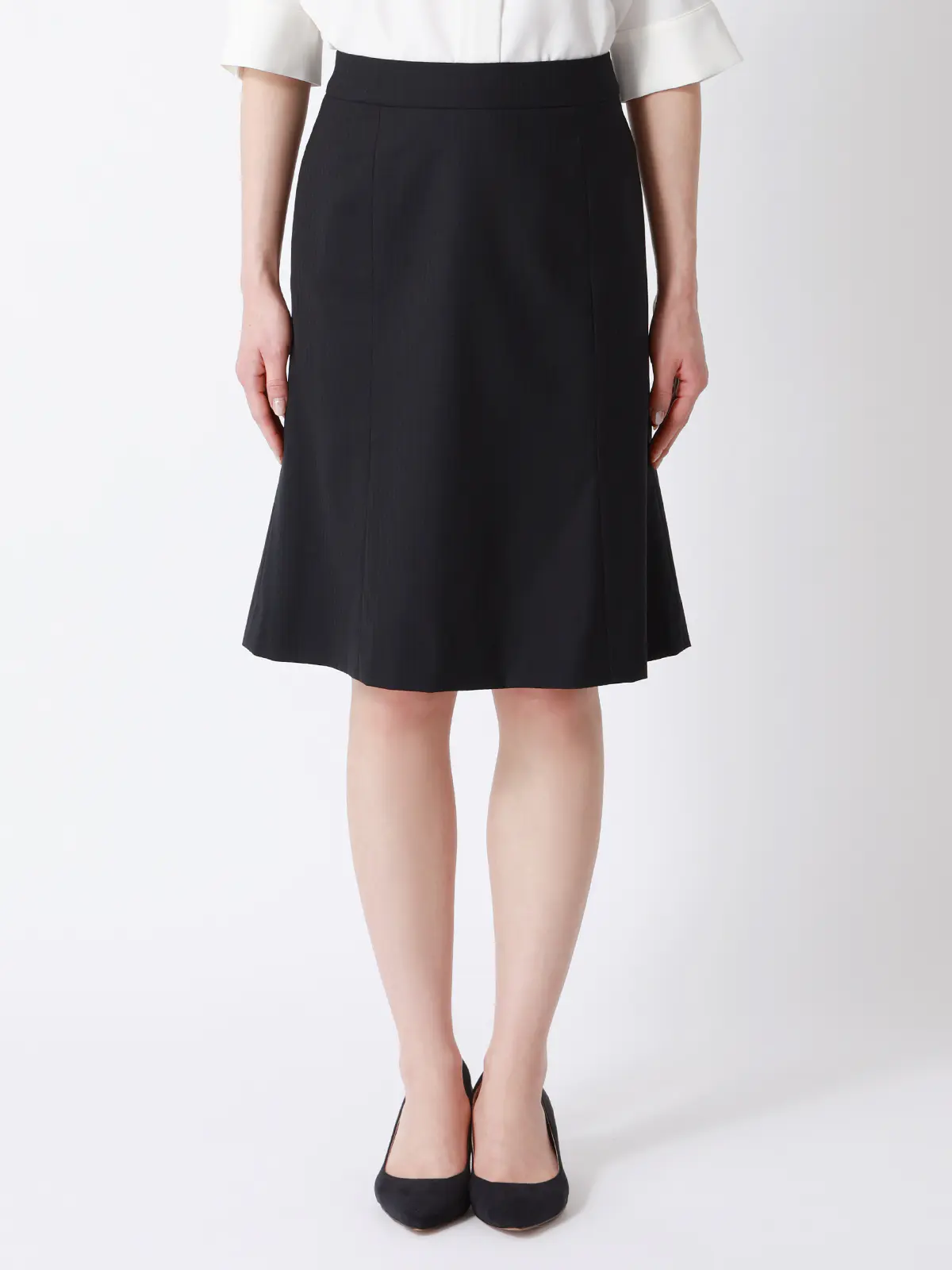 フレアスカート／ウォッシャブル／ストレッチ／ウールブレンド／シャドーストライプ ネイビー 34(5号）