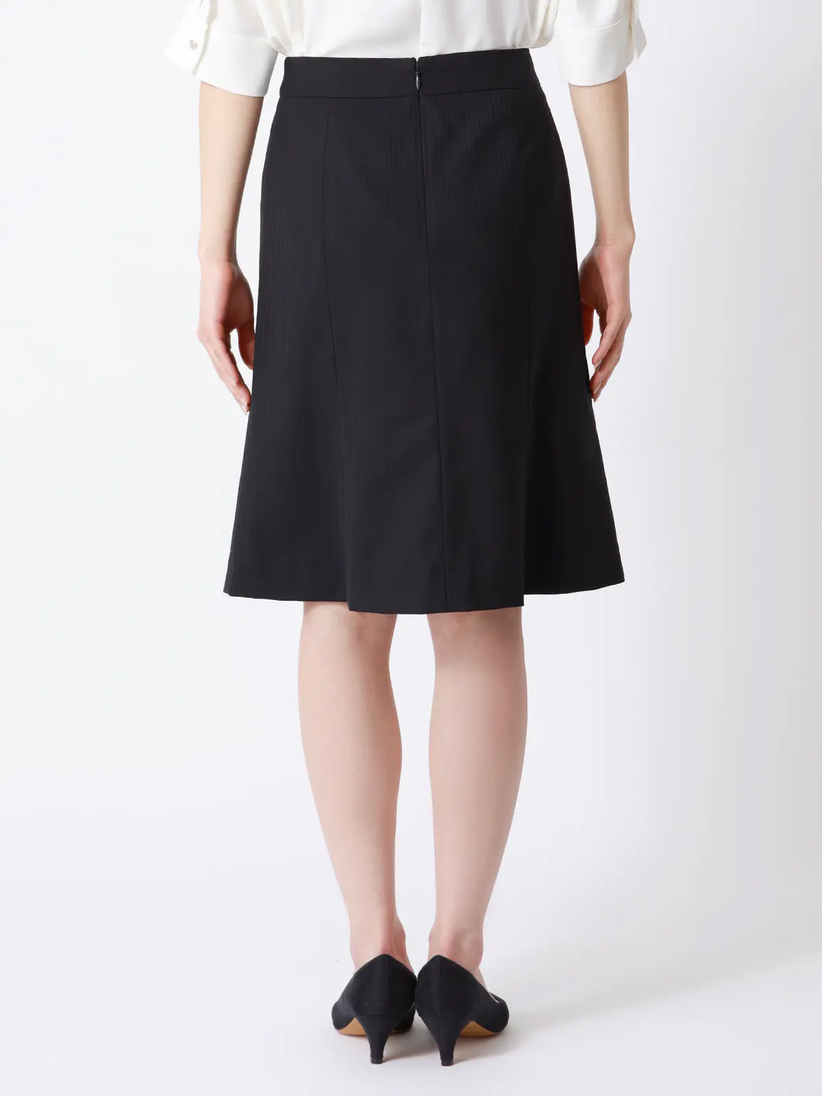 フレアスカート／ウォッシャブル／ストレッチ／ウールブレンド／シャドーストライプ ネイビー 34(5号）