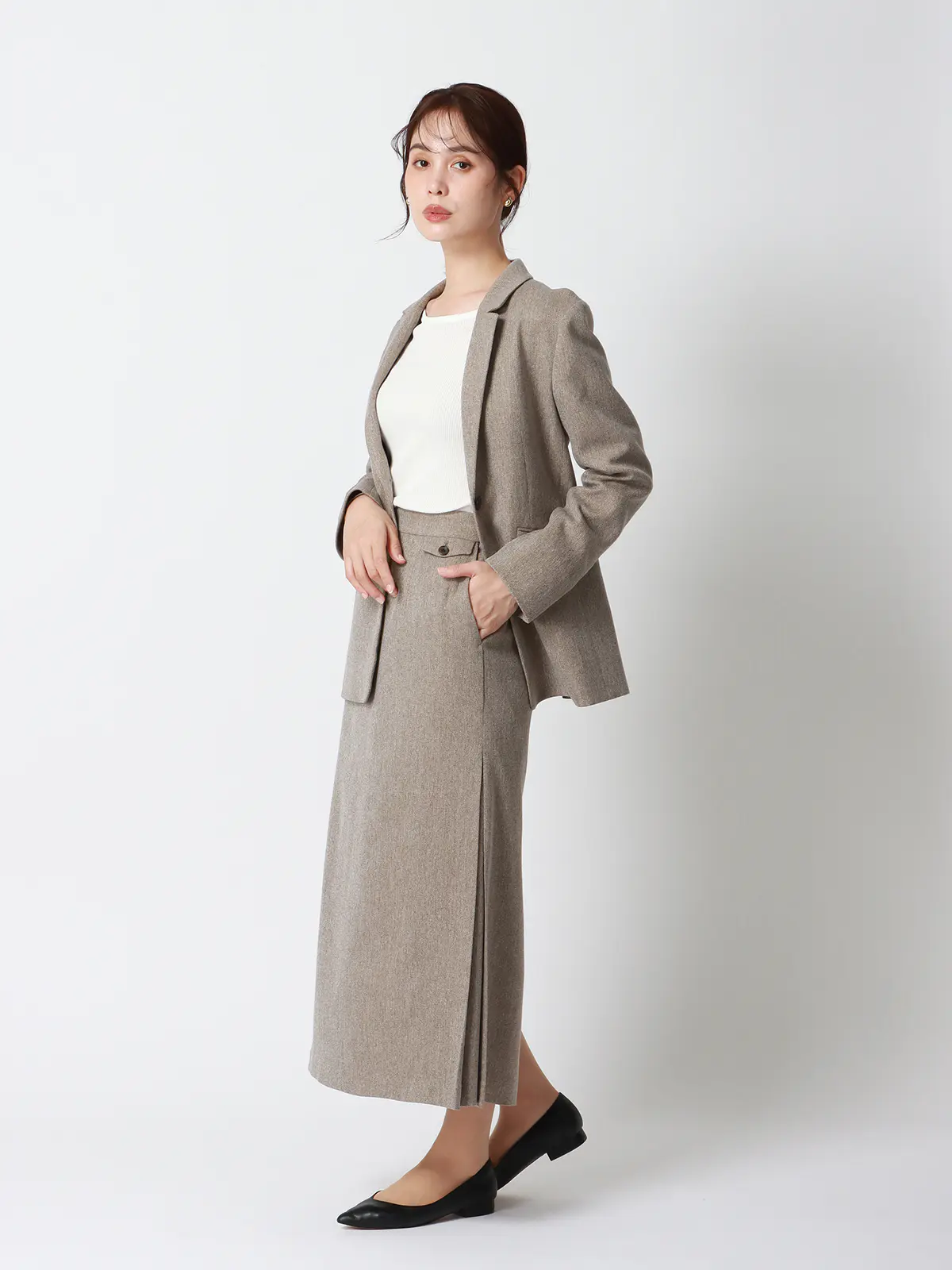 CHANTOWA/サイドタックスカート/ウォッシャブル/ツイードライクシャンブレー/織柄 ベージュ 36(7号)