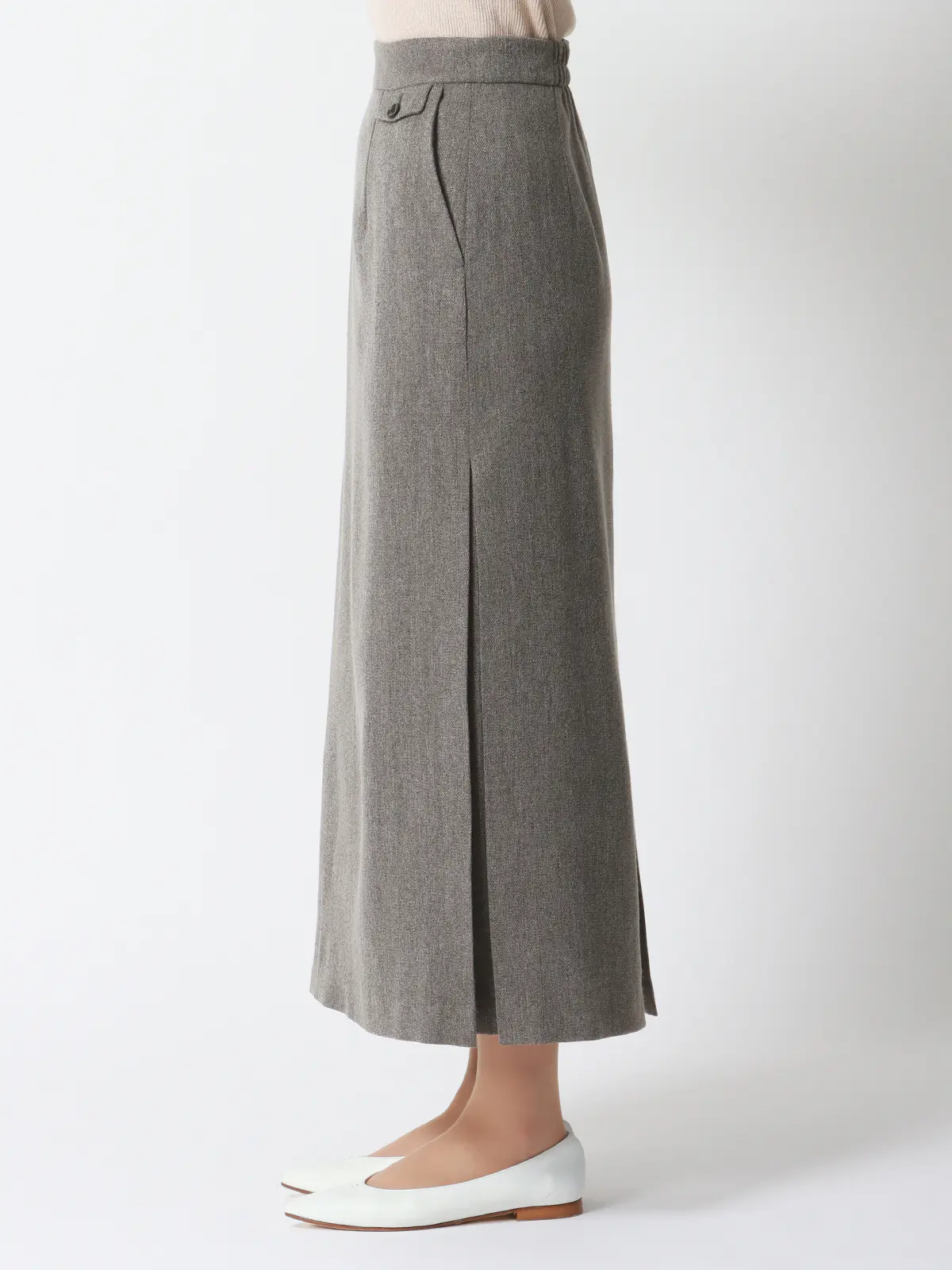 CHANTOWA/サイドタックスカート/ウォッシャブル/ツイードライクシャンブレー/織柄 グレー 36(7号)