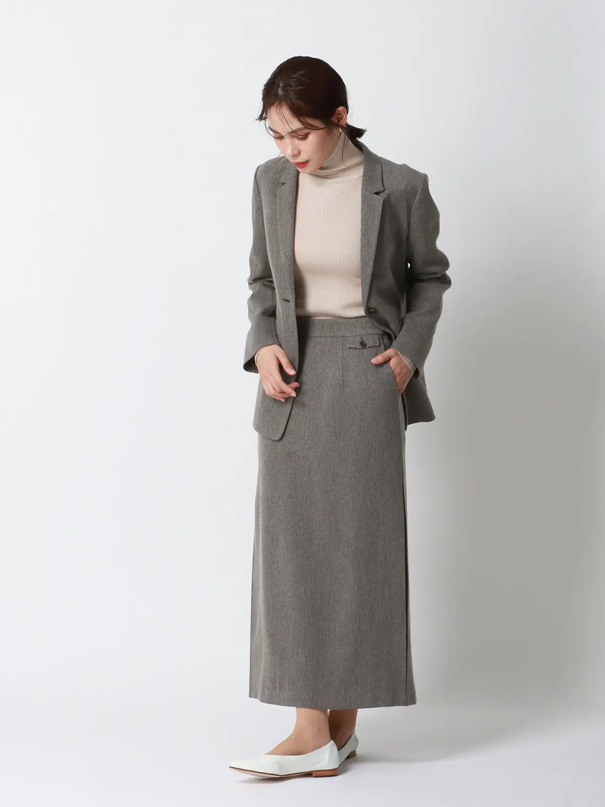 CHANTOWA/サイドタックスカート/ウォッシャブル/ツイードライクシャンブレー/織柄 グレー 36(7号)