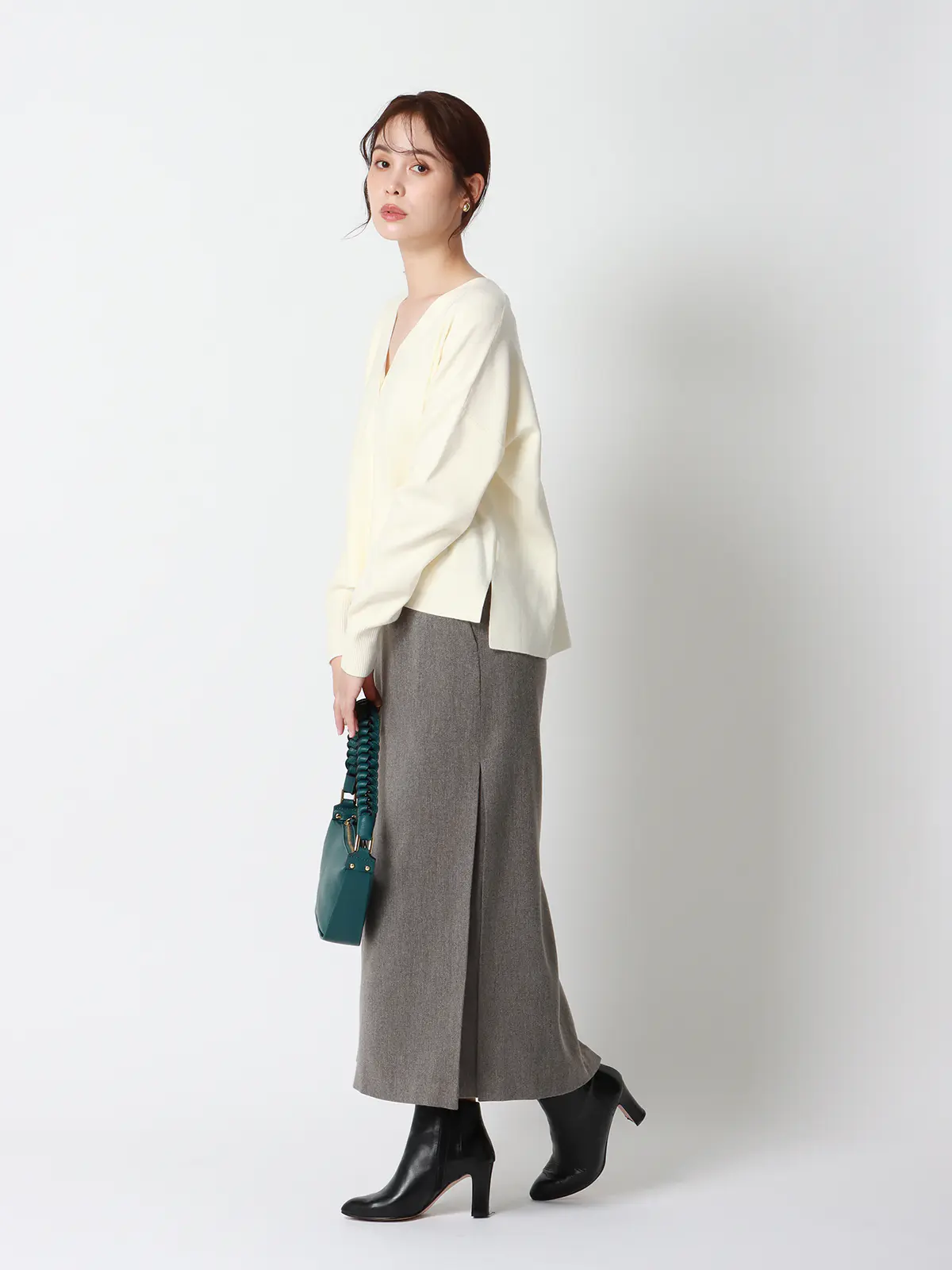 CHANTOWA/サイドタックスカート/ウォッシャブル/ツイードライクシャンブレー/織柄 グレー 36(7号)