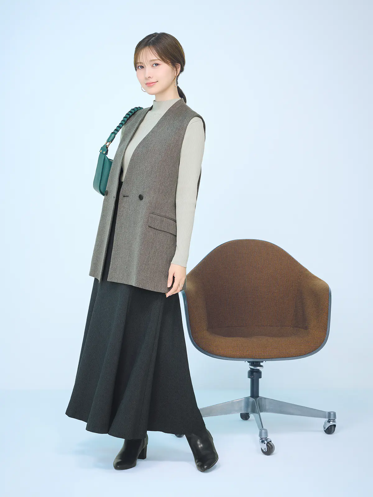 ロングフレアスカート／ウォッシャブル／ウールライクストレッチ／ハウンドトゥース ネイビー 36(7号）