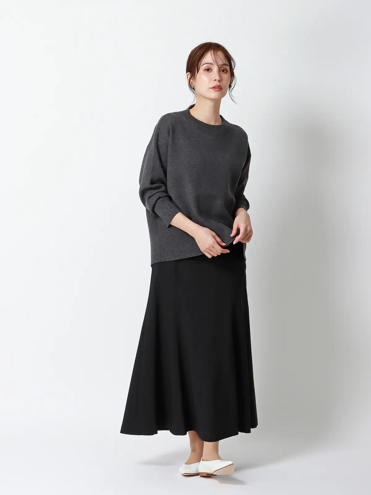 ロングフレアスカート／ウォッシャブル／ウールライクストレッチ／無地 ブラック 36(7号）