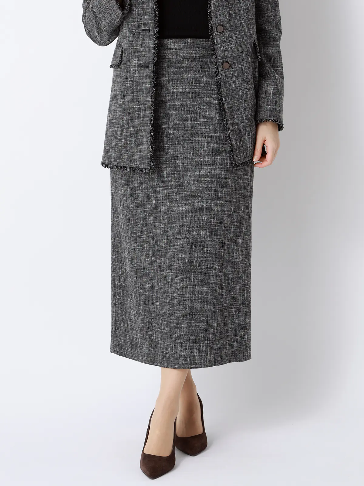 ロングタイトスカート/ウォッシャブル/ストレッチ/スラブシャンブレー/織柄/anysy ブラック 36(7号)