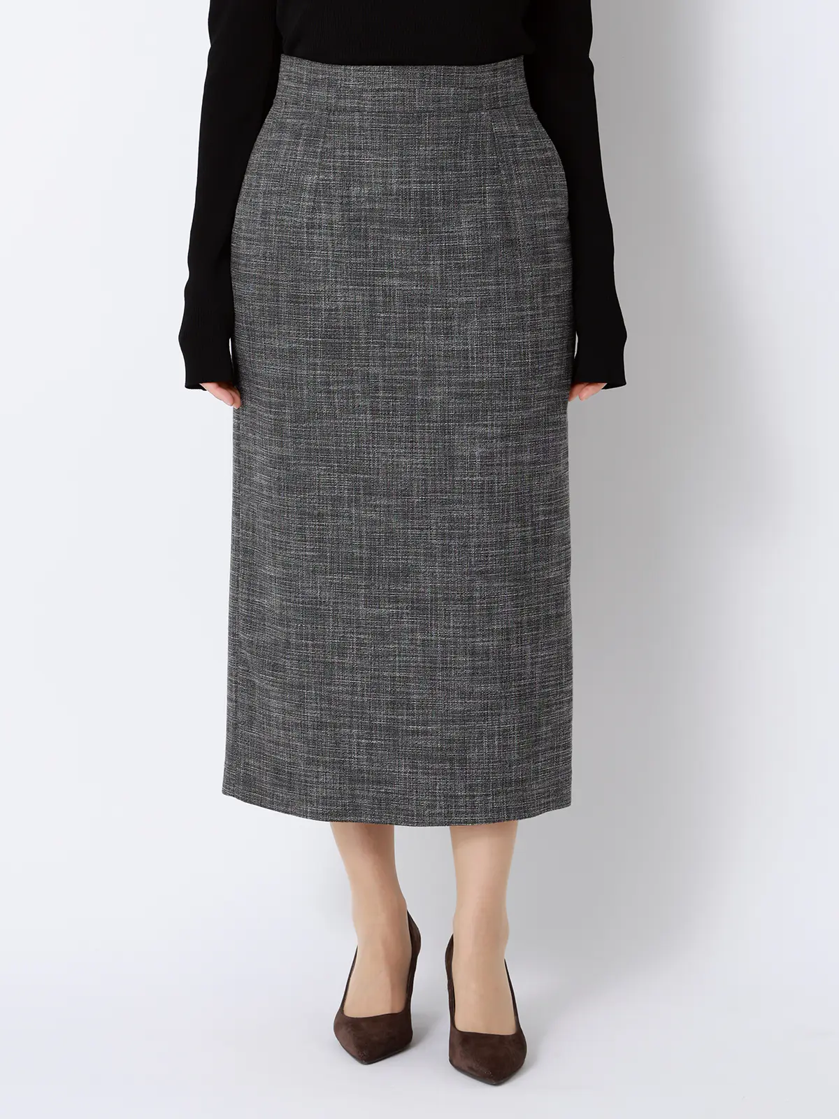 ロングタイトスカート/ウォッシャブル/ストレッチ/スラブシャンブレー/織柄/anysy ブラック 36(7号)