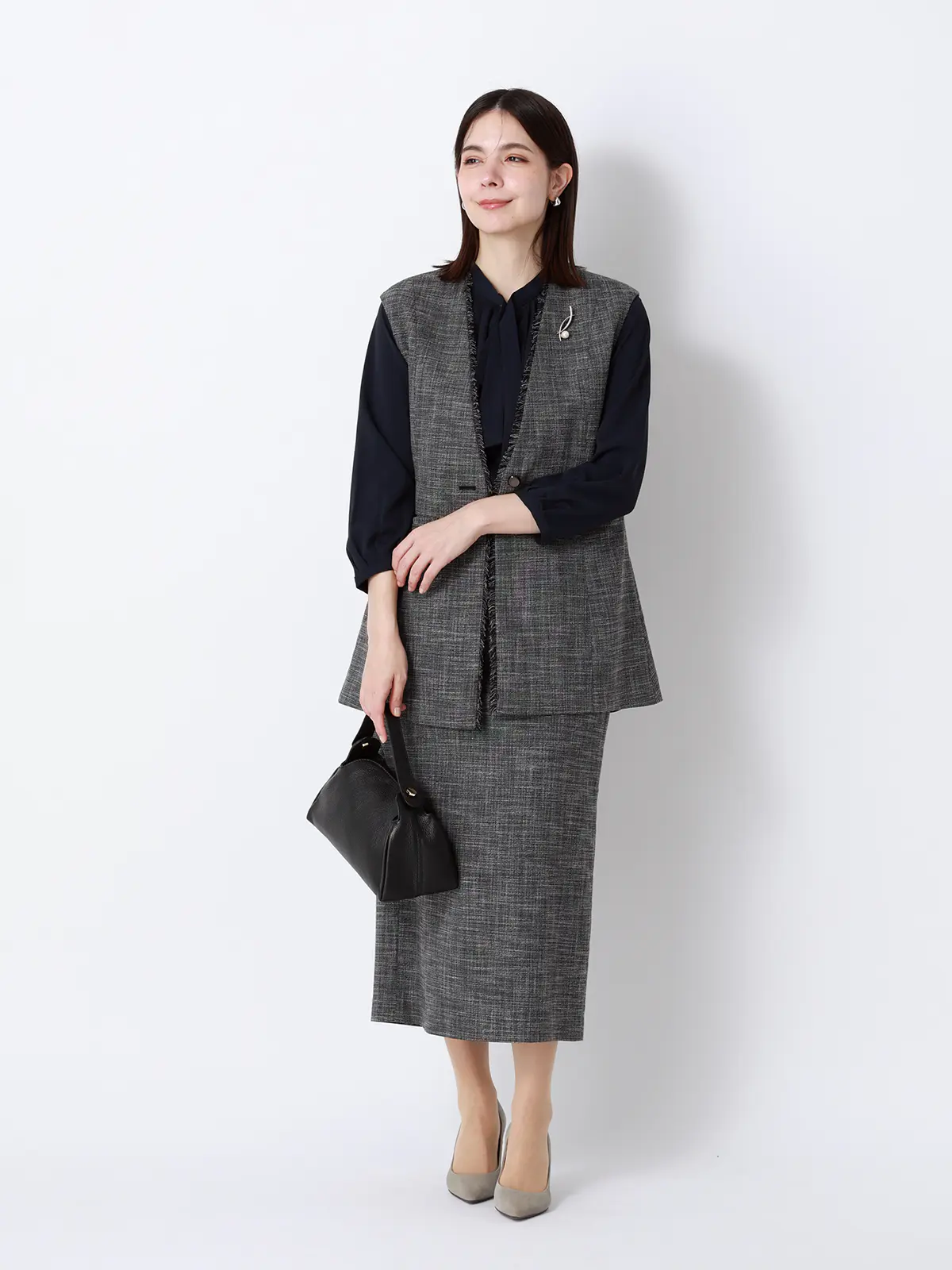 ロングタイトスカート/ウォッシャブル/ストレッチ/スラブシャンブレー/織柄/anysy ブラック 36(7号)