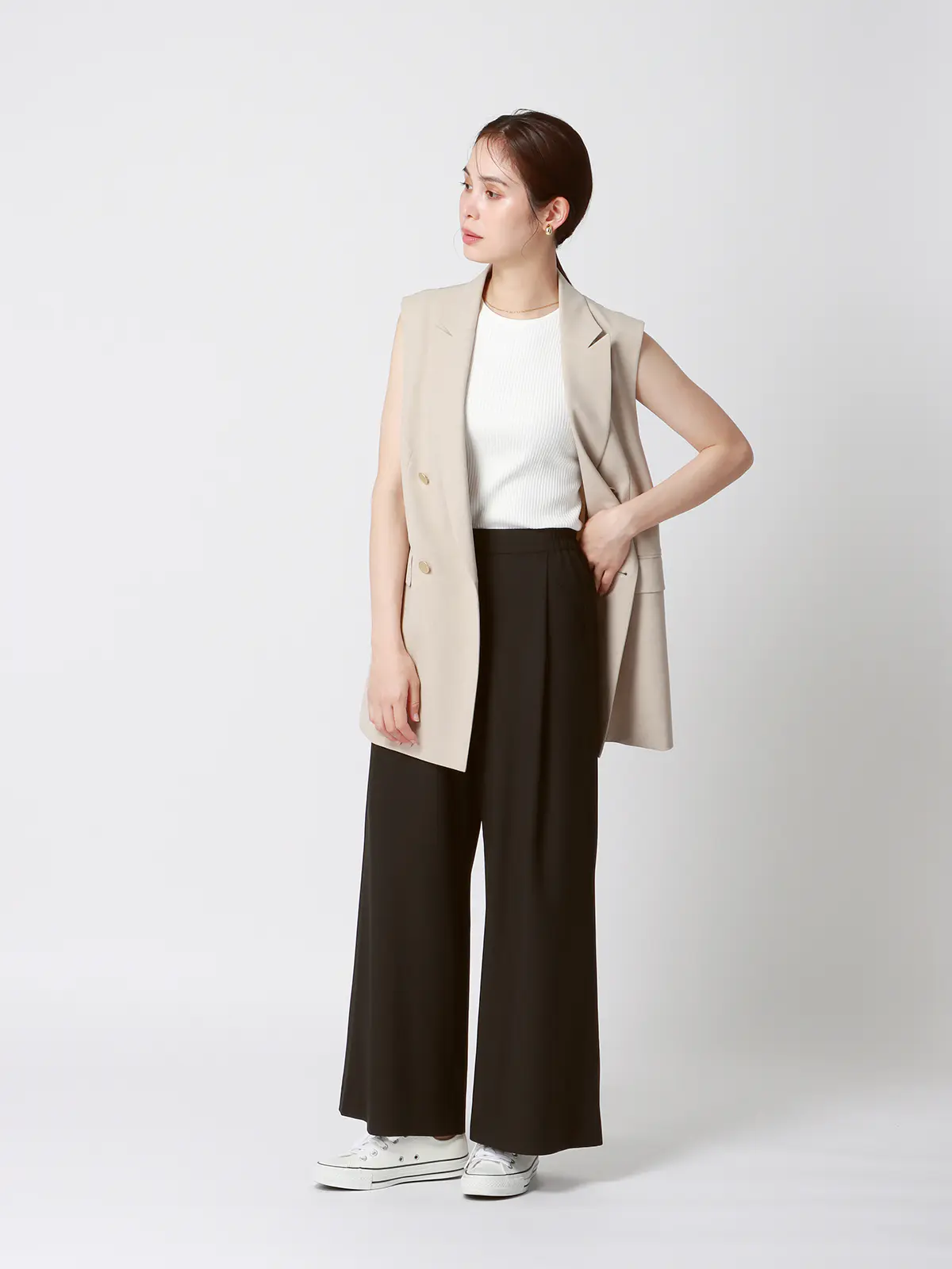 CHANTOWA/ココチよ/タックワイドパンツ/ウォッシャブル/ストレッチツイル/無地 ブラック 40(11号)