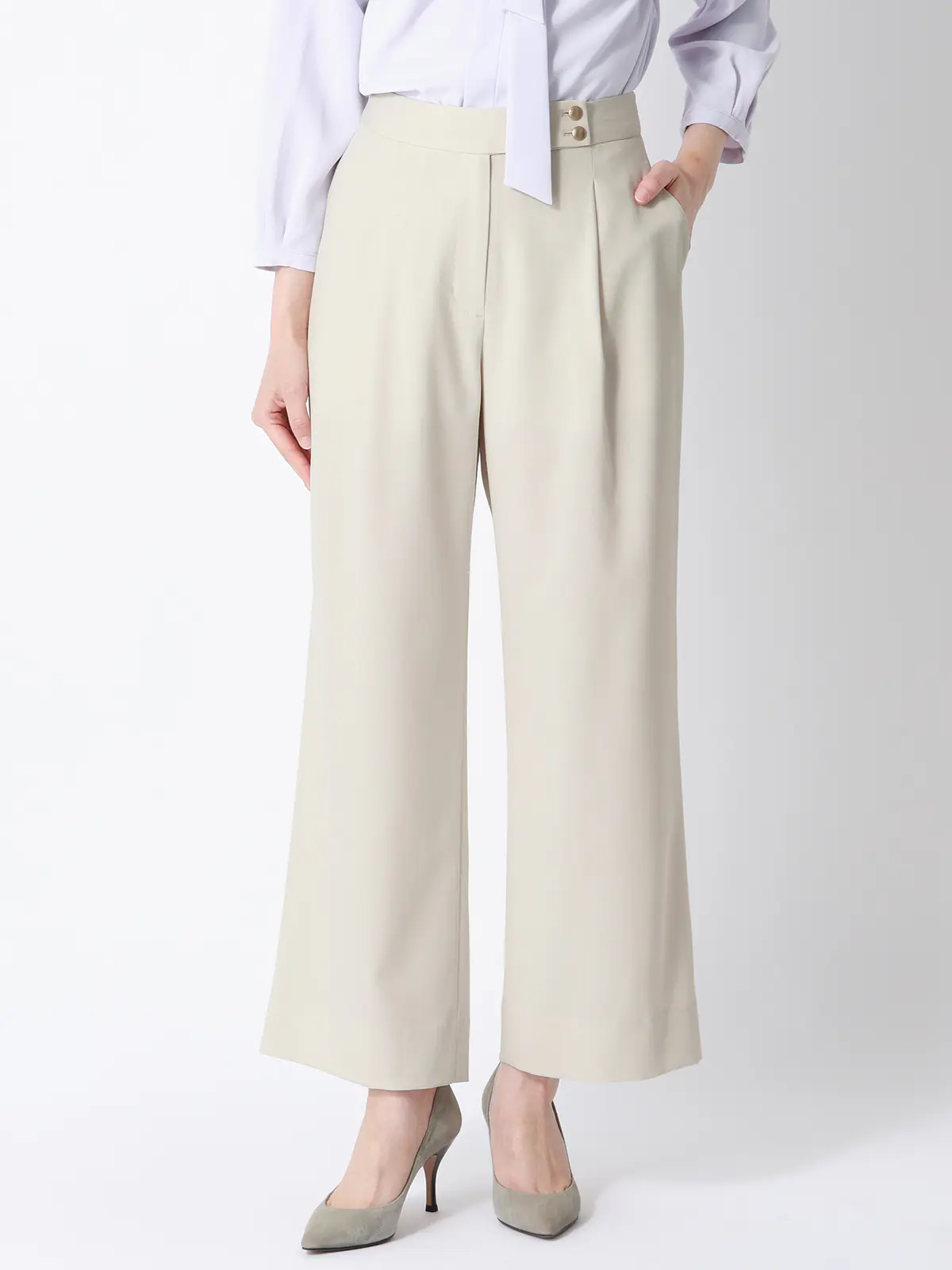 CHANTOWA／タックワイドパンツ／ウォッシャブル／接触冷感／リネンライクポリエステル／無地 オフホワイト 36(7号）