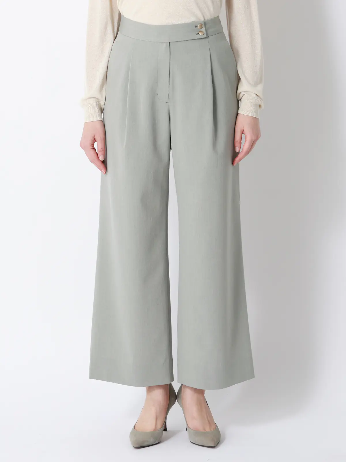 CHANTOWA／タックワイドパンツ／ウォッシャブル／接触冷感／リネンライクポリエステル／無地 グリーン 40(11号）