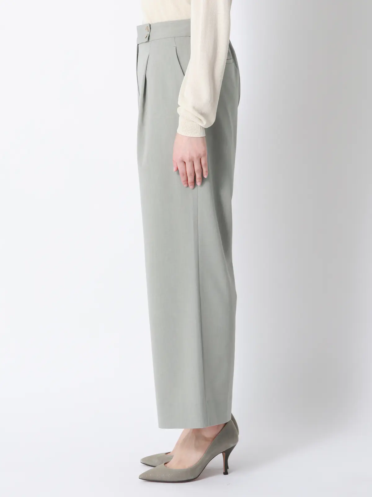 CHANTOWA／タックワイドパンツ／ウォッシャブル／接触冷感／リネンライクポリエステル／無地 グリーン 40(11号）