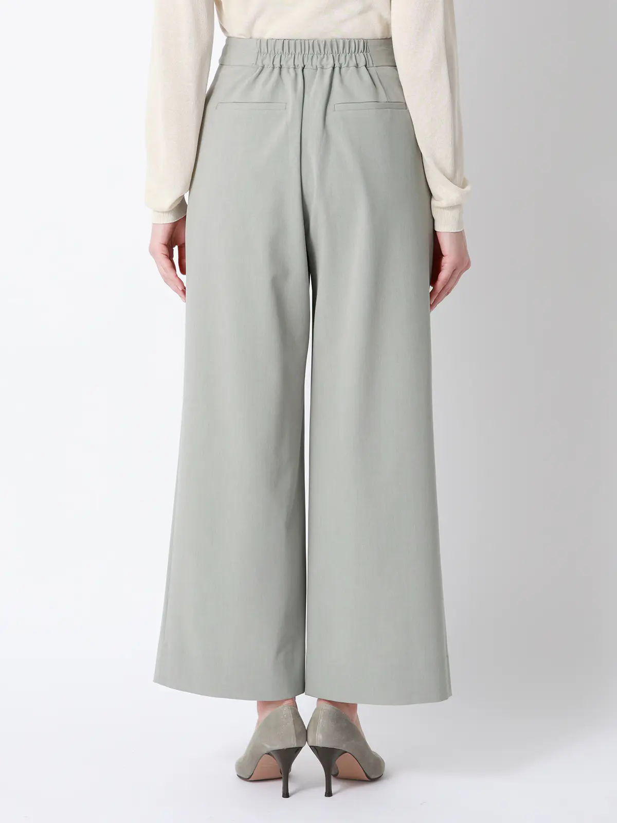 CHANTOWA／タックワイドパンツ／ウォッシャブル／接触冷感／リネンライクポリエステル／無地 グリーン 40(11号）