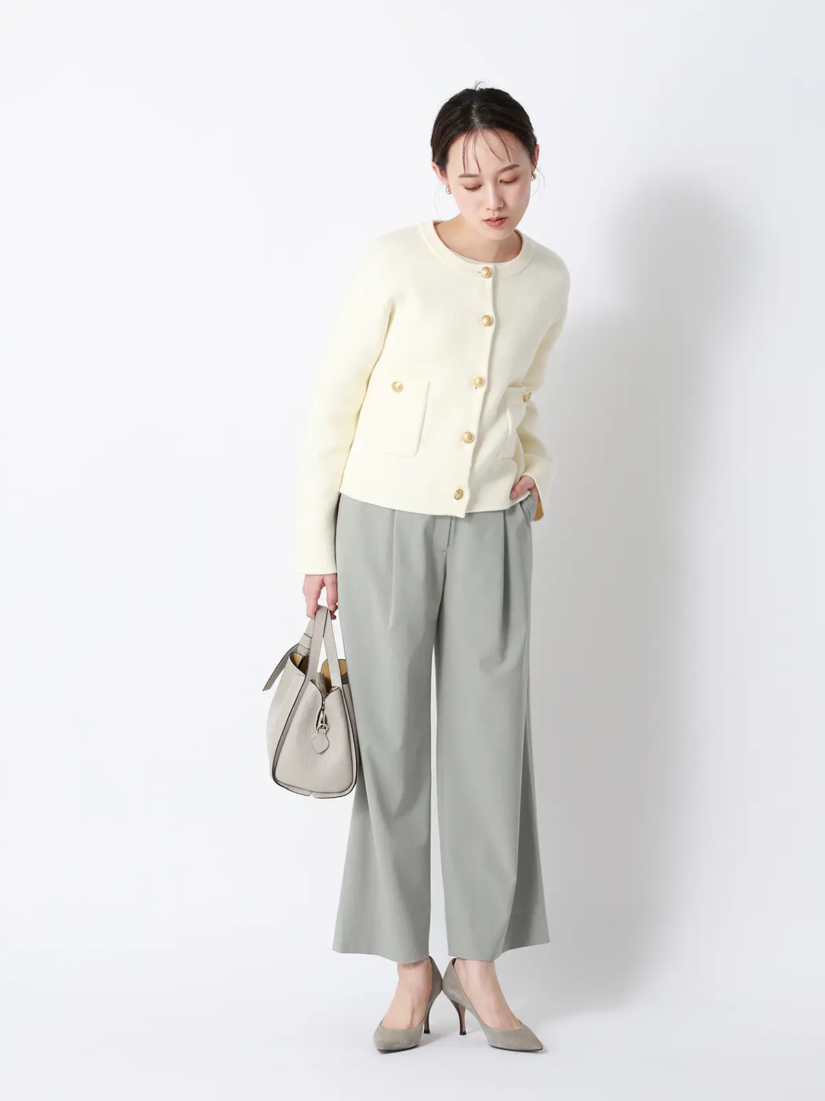 CHANTOWA／タックワイドパンツ／ウォッシャブル／接触冷感／リネンライクポリエステル／無地 グリーン 40(11号）