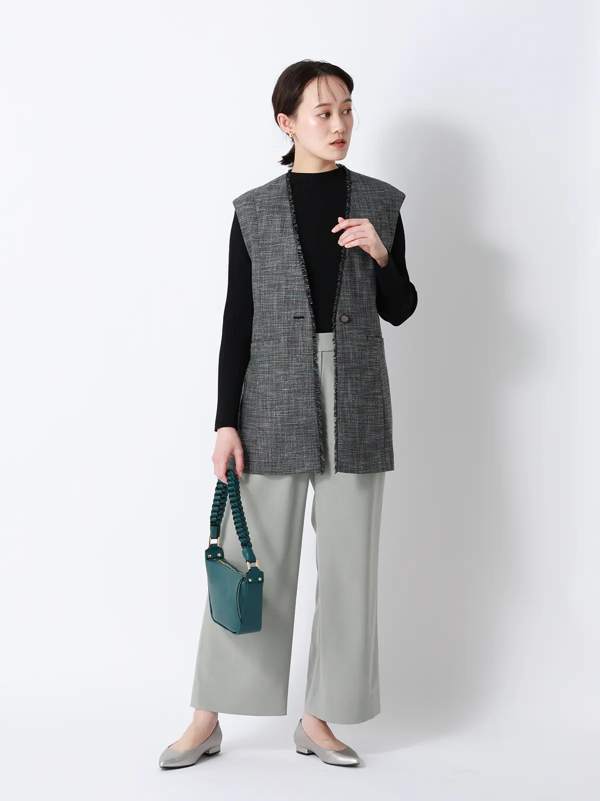 CHANTOWA／タックワイドパンツ／ウォッシャブル／接触冷感／リネンライクポリエステル／無地 グリーン 40(11号）