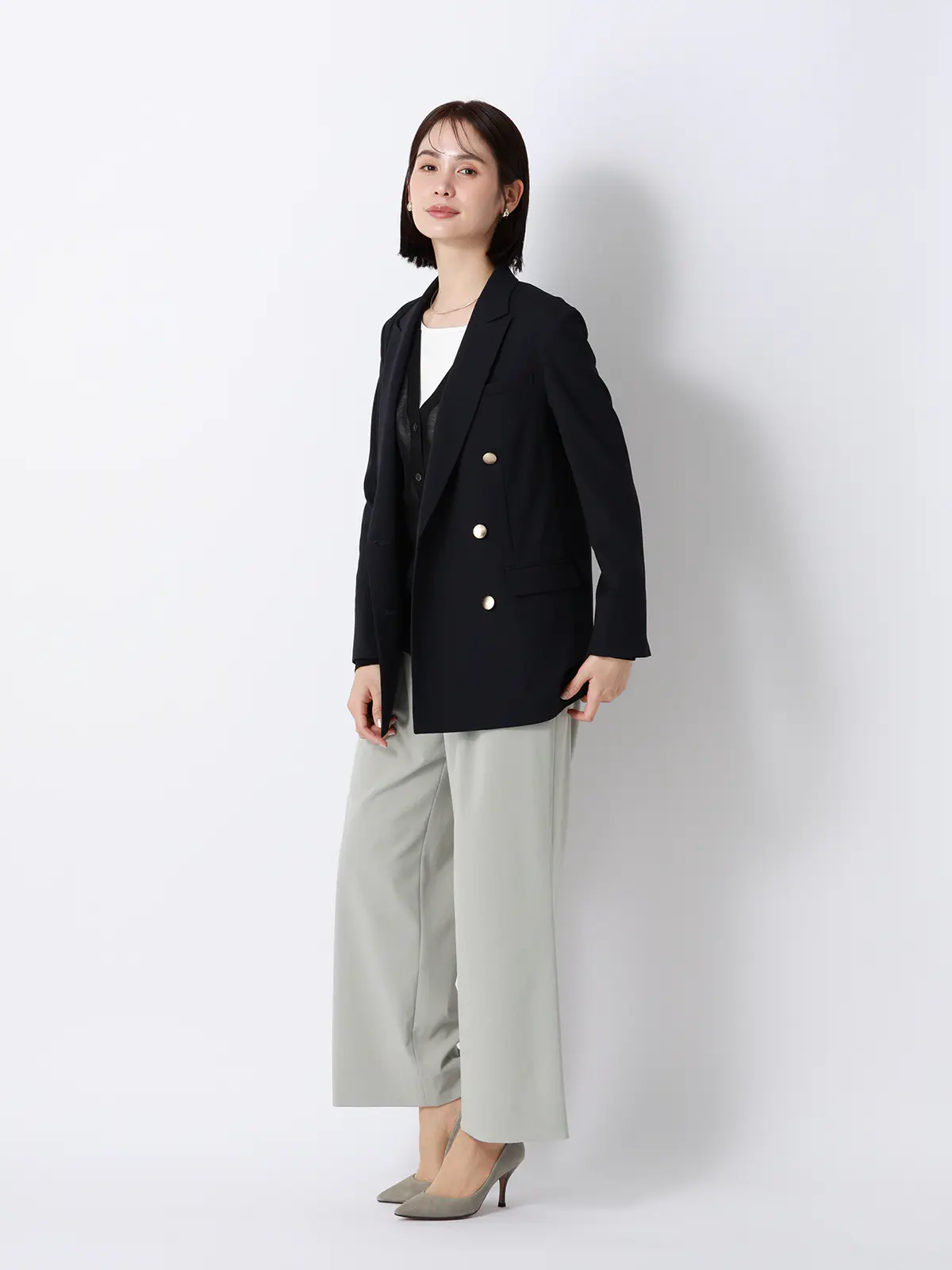 CHANTOWA／タックワイドパンツ／ウォッシャブル／接触冷感／リネンライクポリエステル／無地 グリーン 40(11号）