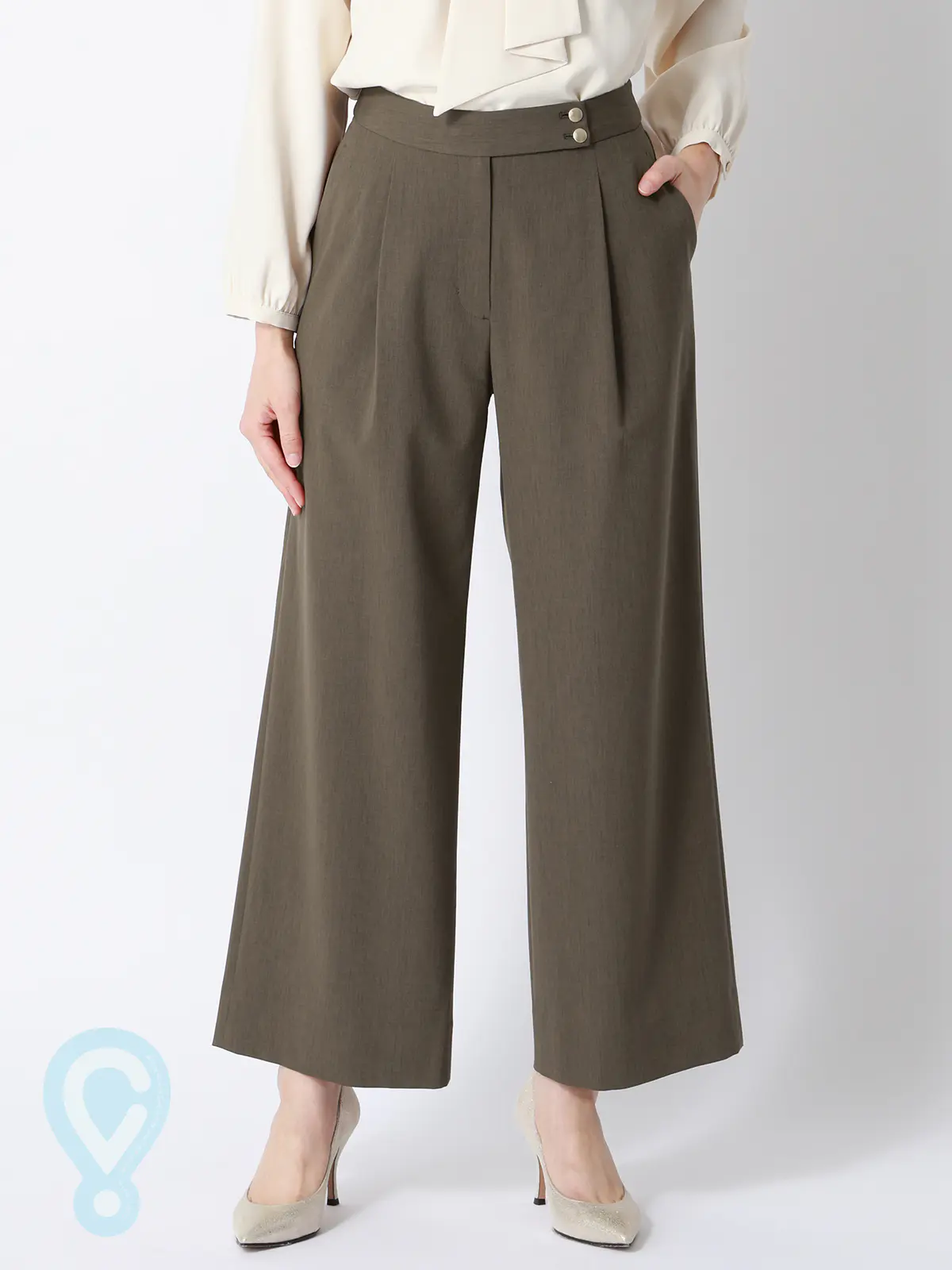 CHANTOWA／タックワイドパンツ／ウォッシャブル／接触冷感／リネンライクポリエステル／無地 カーキ 36(7号）