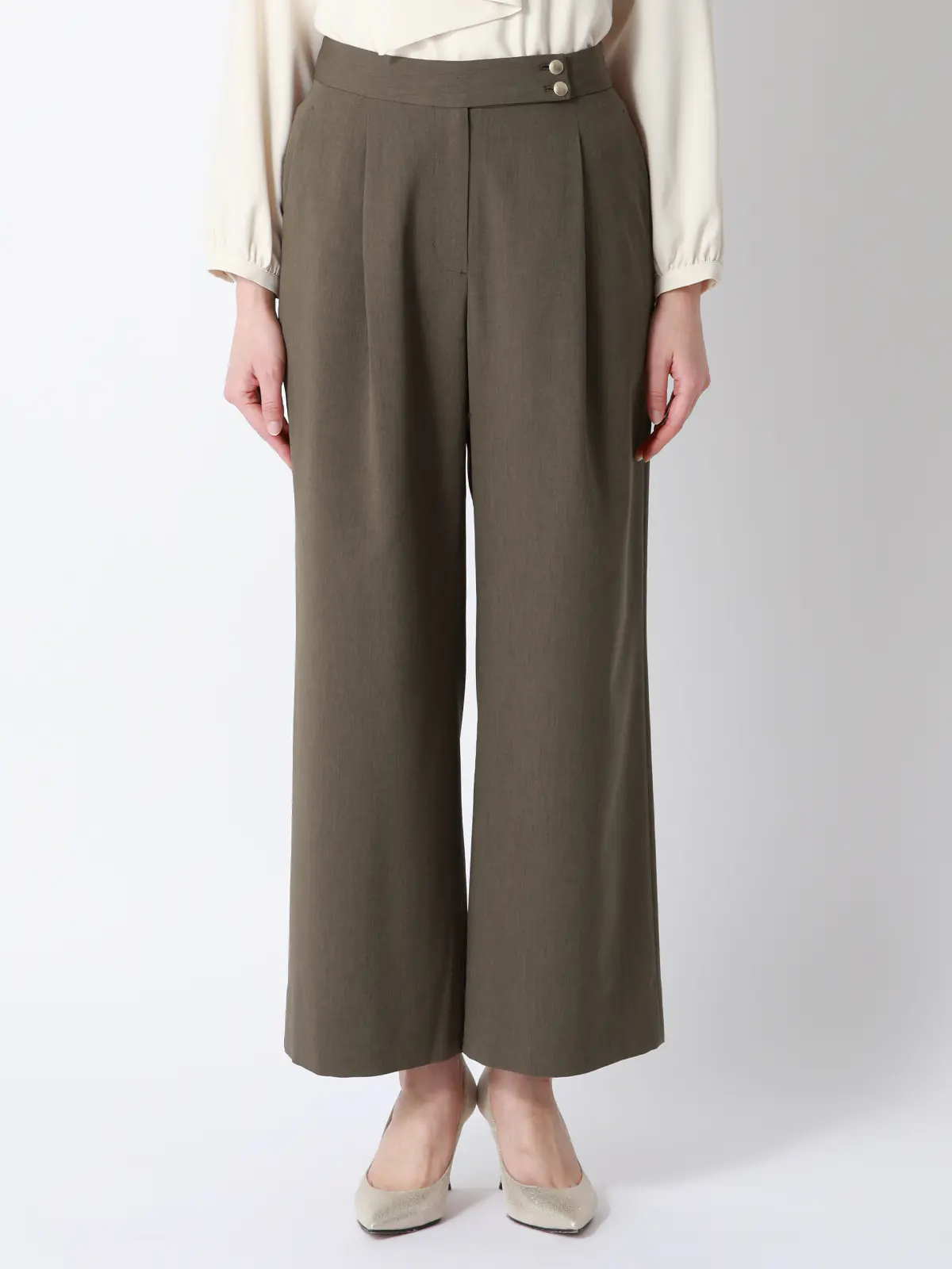 CHANTOWA／タックワイドパンツ／ウォッシャブル／接触冷感／リネンライクポリエステル／無地 カーキ 36(7号）