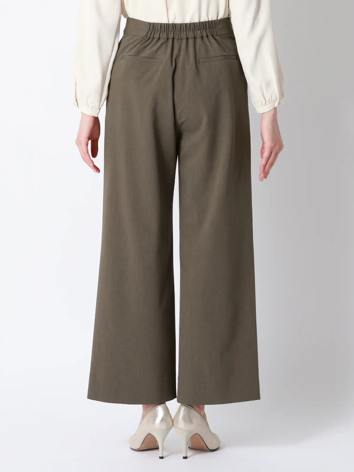 CHANTOWA／タックワイドパンツ／ウォッシャブル／接触冷感／リネンライクポリエステル／無地 カーキ 36(7号）