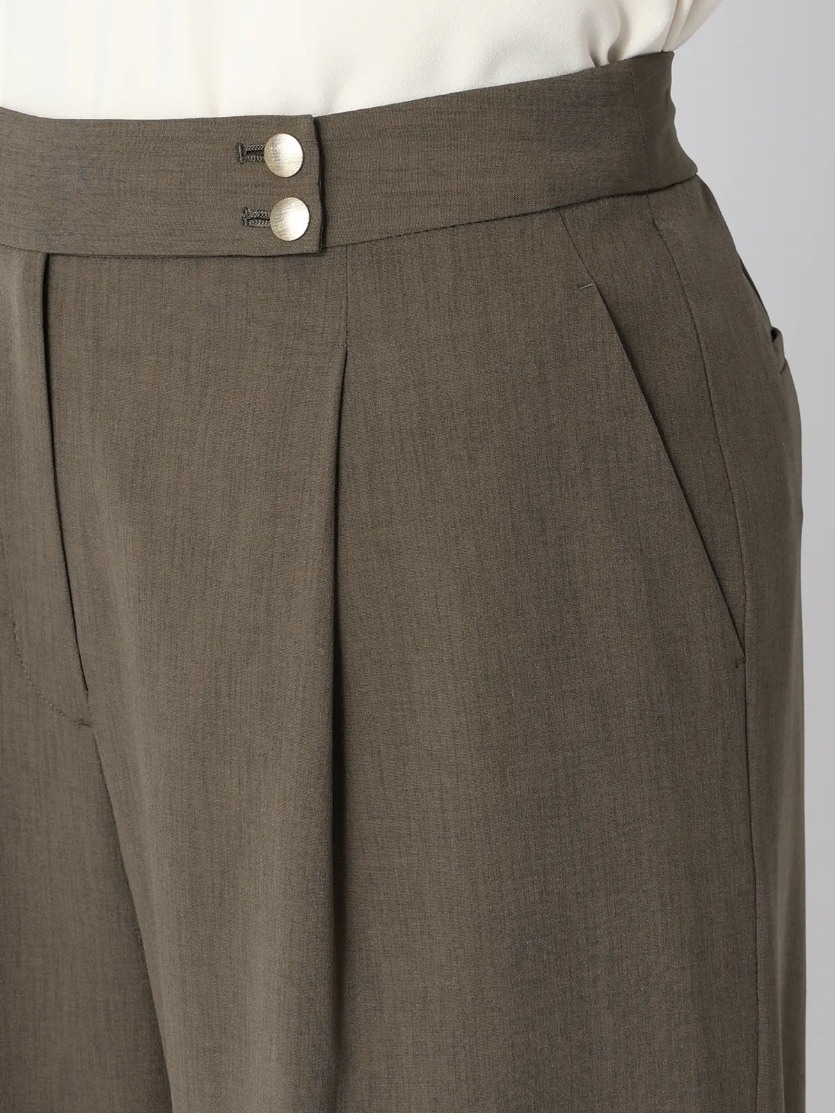 CHANTOWA／タックワイドパンツ／ウォッシャブル／接触冷感／リネンライクポリエステル／無地 カーキ 36(7号）