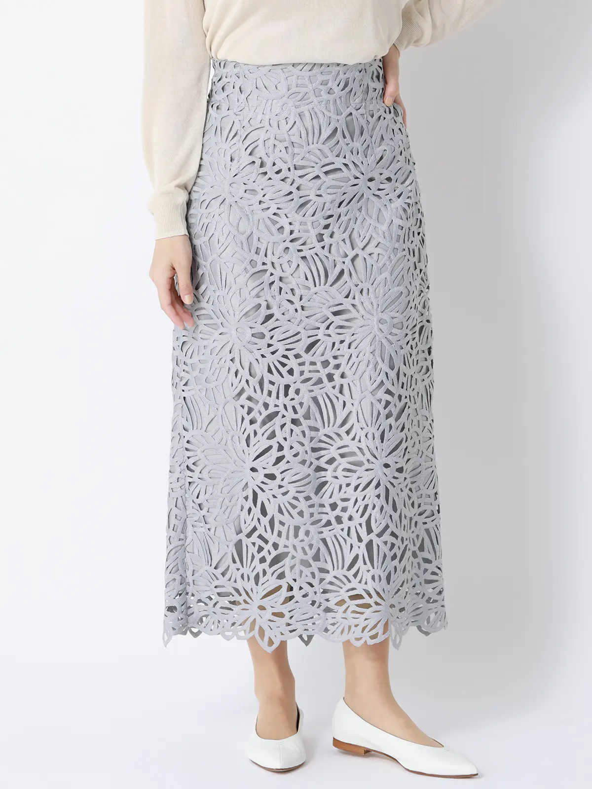 フラワーレースタイトスカート／ハンドウォッシュ／ポリエステル／anysy サックス 38(9号）