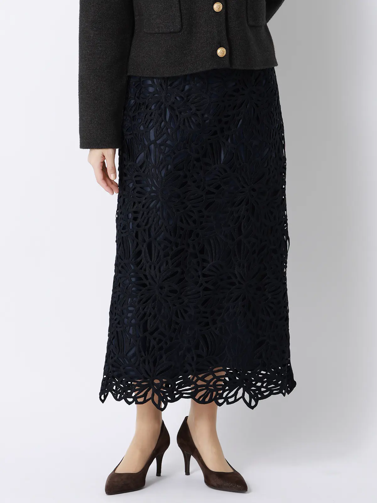 フラワーレースタイトスカート／ハンドウォッシュ／ポリエステル／anysy ネイビー 36(7号）