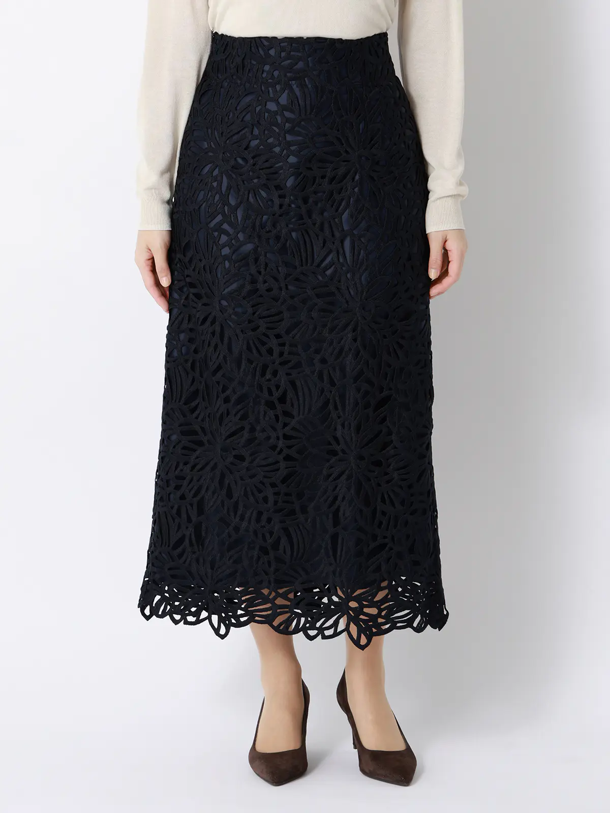 フラワーレースタイトスカート／ハンドウォッシュ／ポリエステル／anysy ネイビー 36(7号）