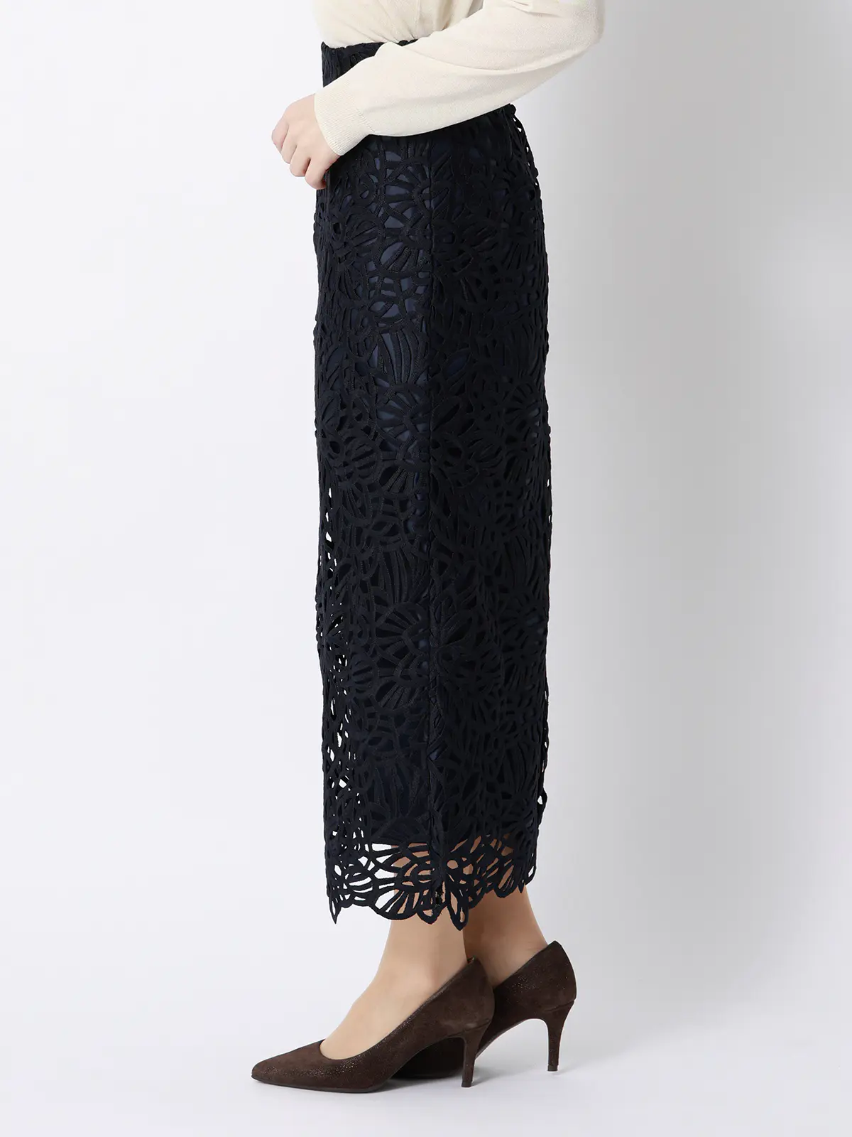 フラワーレースタイトスカート／ハンドウォッシュ／ポリエステル／anysy ネイビー 36(7号）