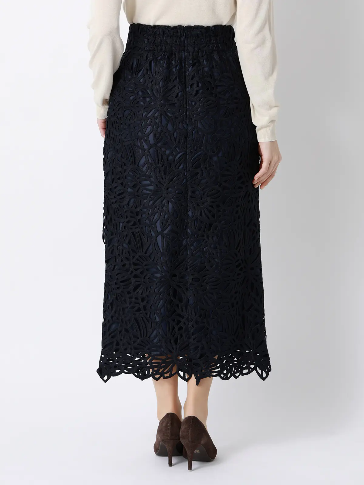 フラワーレースタイトスカート／ハンドウォッシュ／ポリエステル／anysy ネイビー 36(7号）