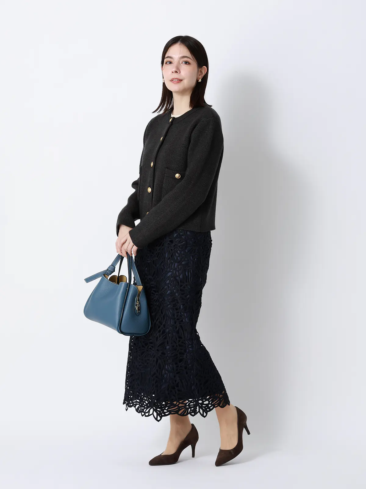 フラワーレースタイトスカート／ハンドウォッシュ／ポリエステル／anysy ネイビー 36(7号）