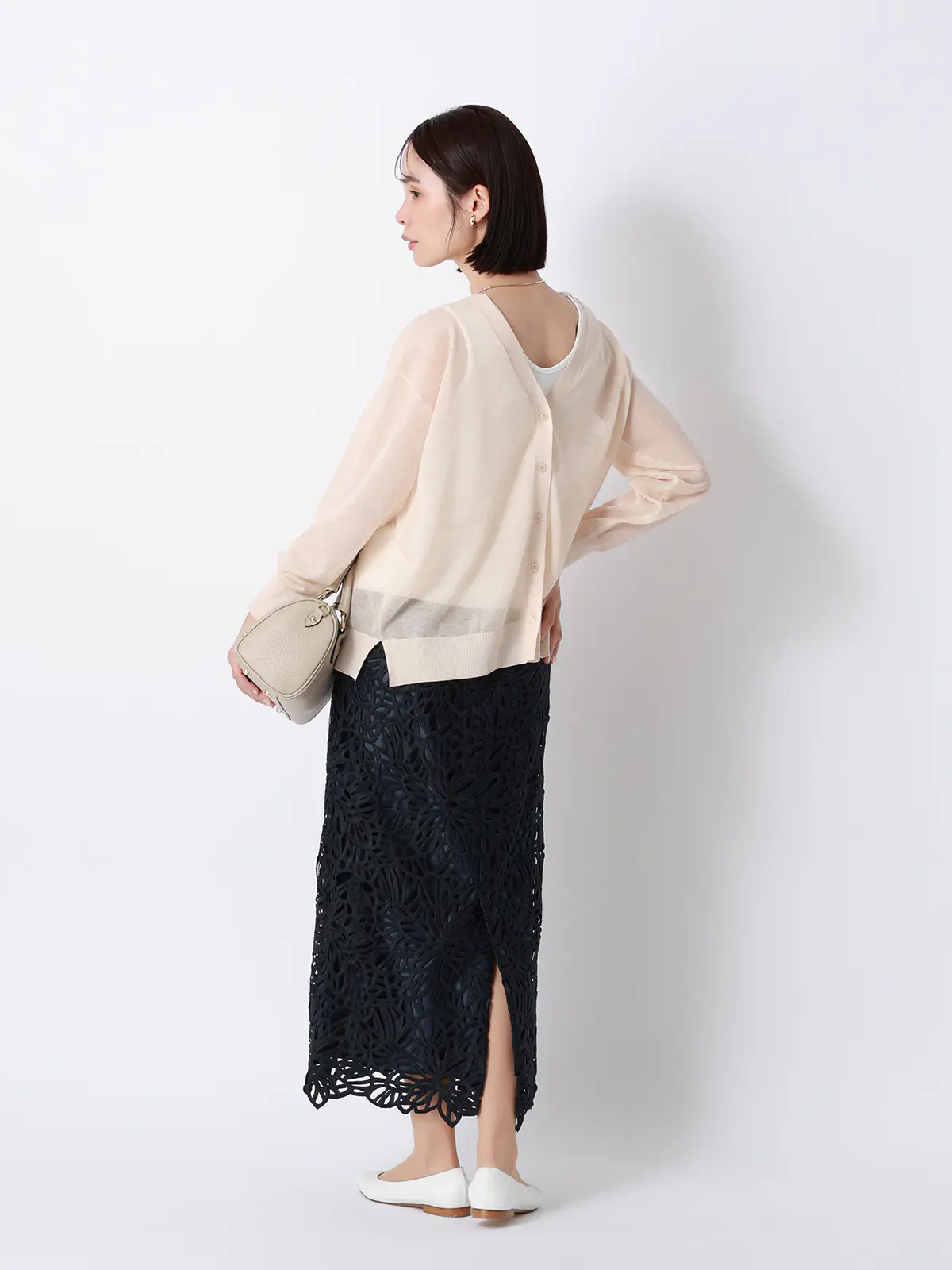 フラワーレースタイトスカート／ハンドウォッシュ／ポリエステル／anysy ネイビー 36(7号）