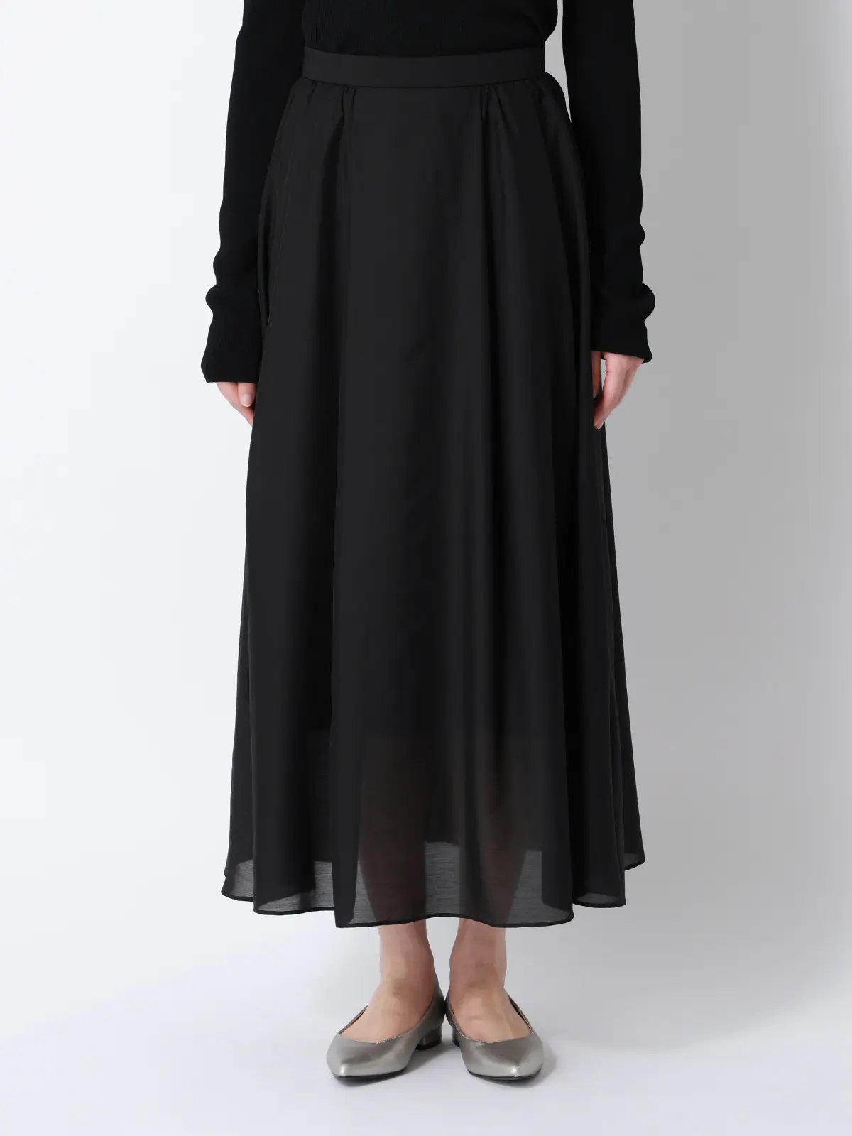 CHANTOWA/シアーフレアスカート/ハンドウォッシュ/シアースパンローン/無地 ブラック 36(7号)