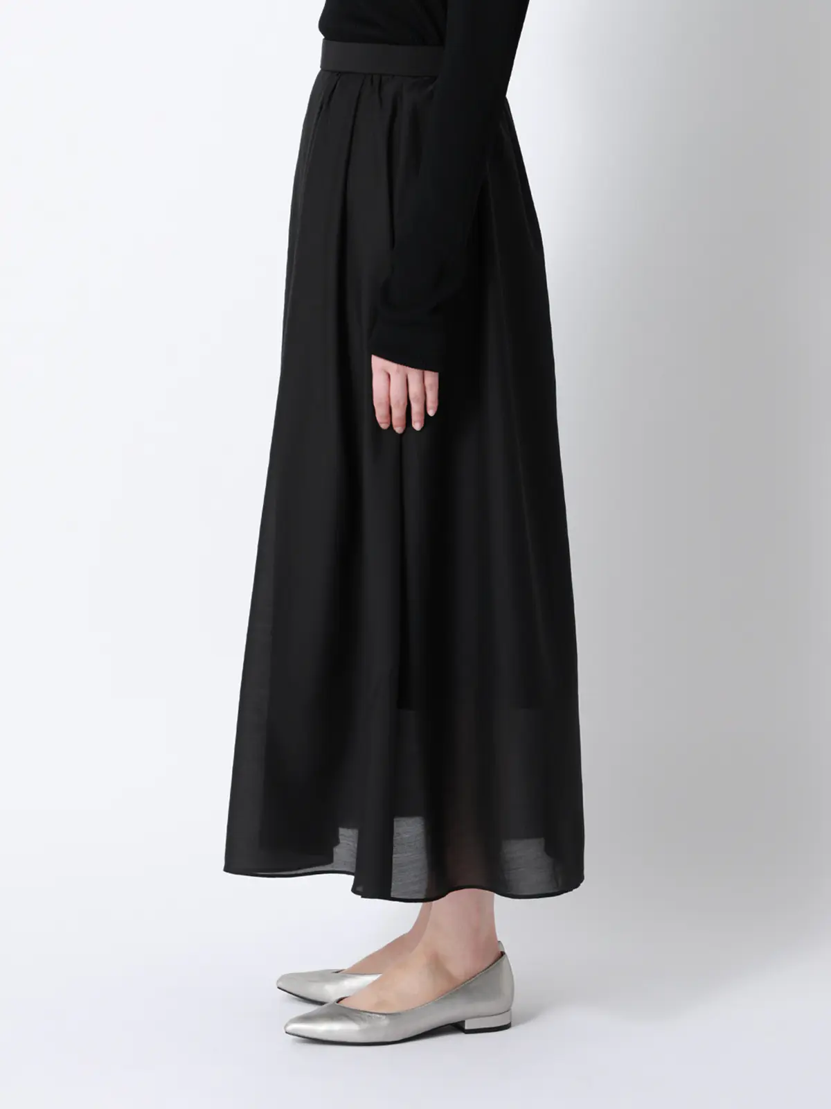 CHANTOWA/シアーフレアスカート/ハンドウォッシュ/シアースパンローン/無地 ブラック 36(7号)