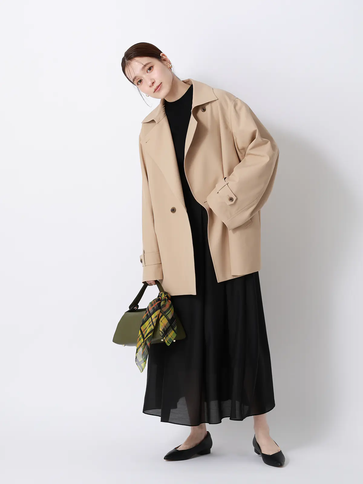 CHANTOWA/シアーフレアスカート/ハンドウォッシュ/シアースパンローン/無地 ブラック 36(7号)