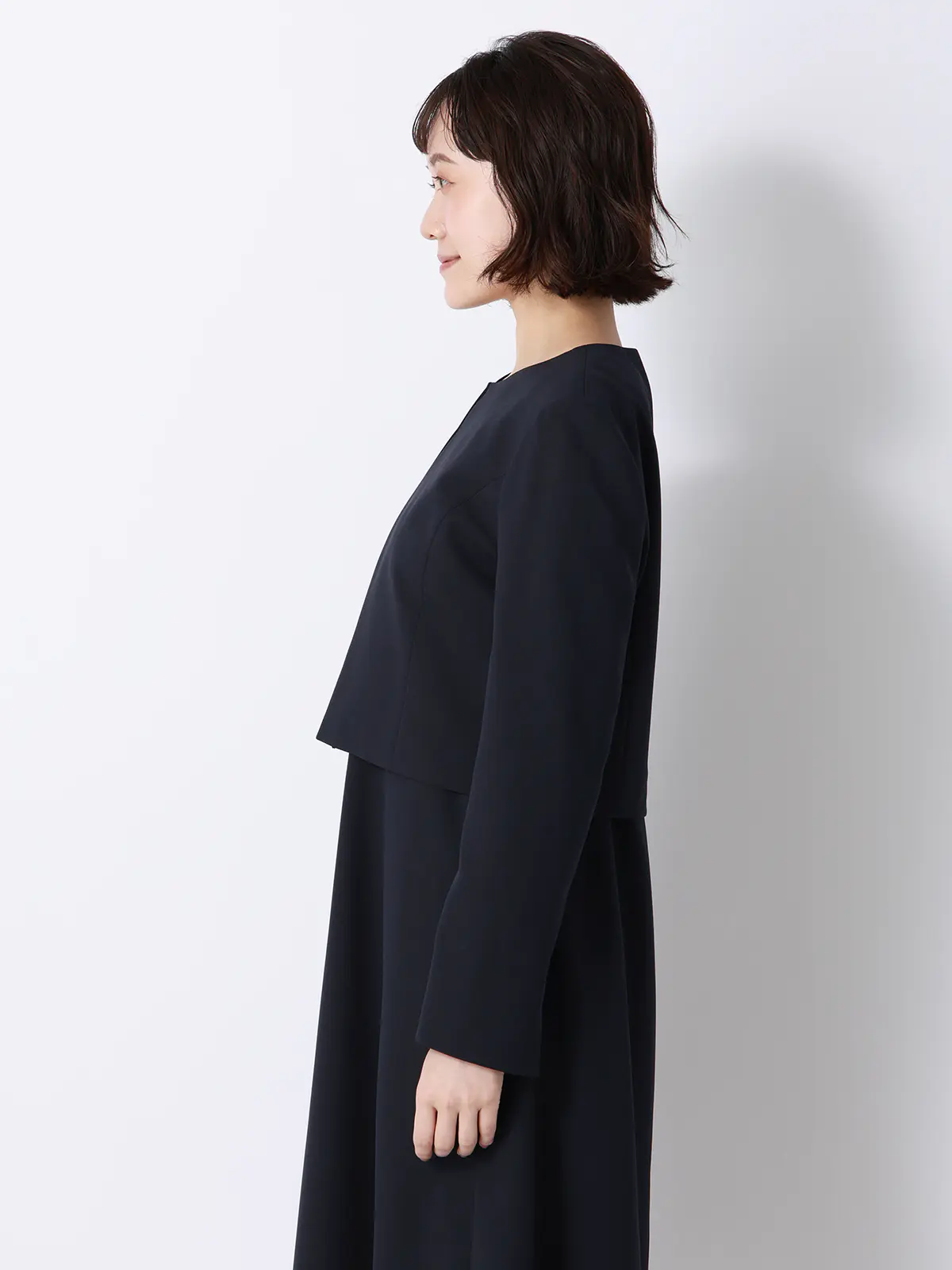 WEB限定／ジャケット＆ワンピースセットアップ／ノーカラー／ウォッシャブル／フォーマル／無地 ネイビー 36(7号）