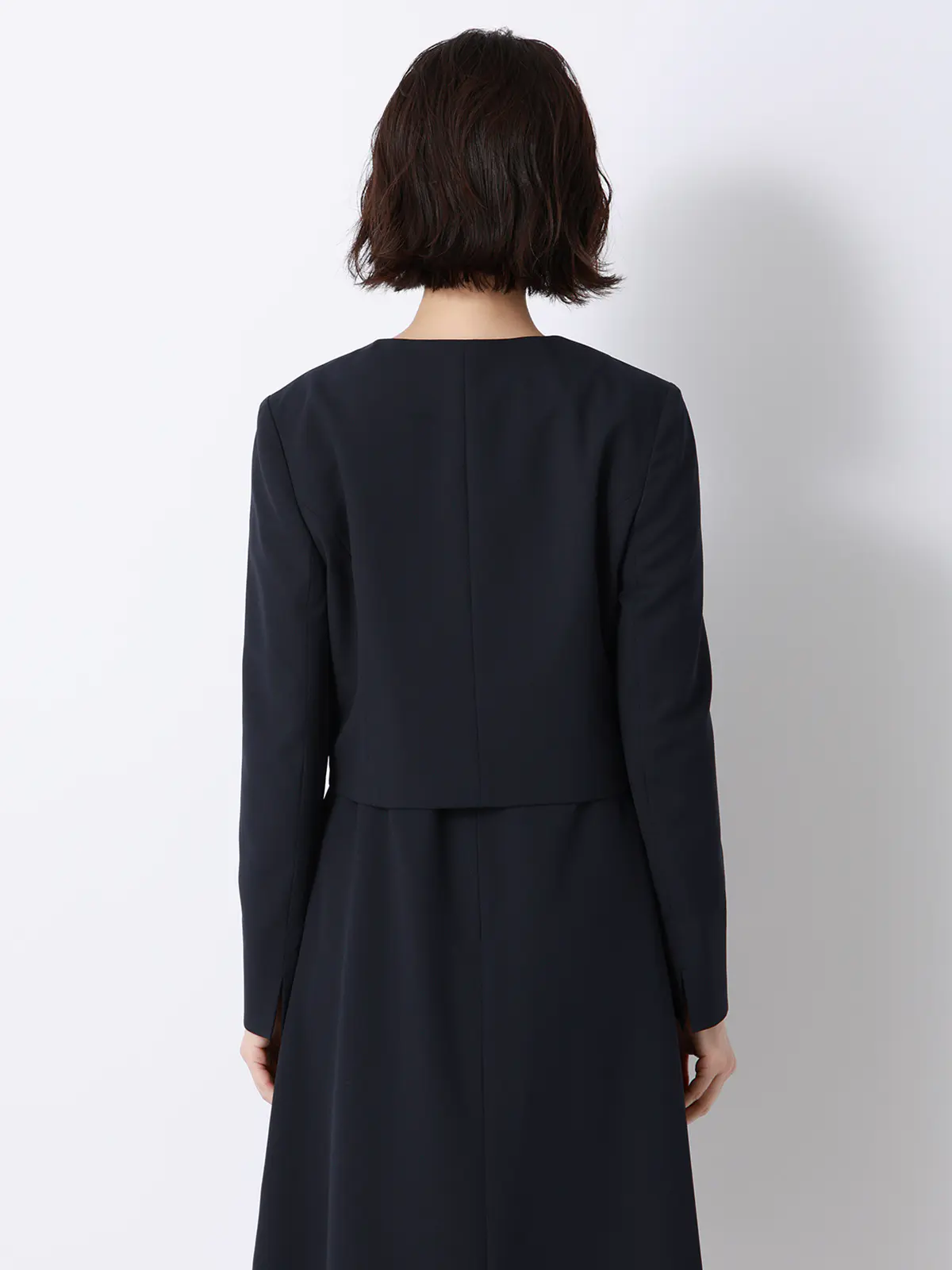 WEB限定／ジャケット＆ワンピースセットアップ／ノーカラー／ウォッシャブル／フォーマル／無地 ネイビー 36(7号）