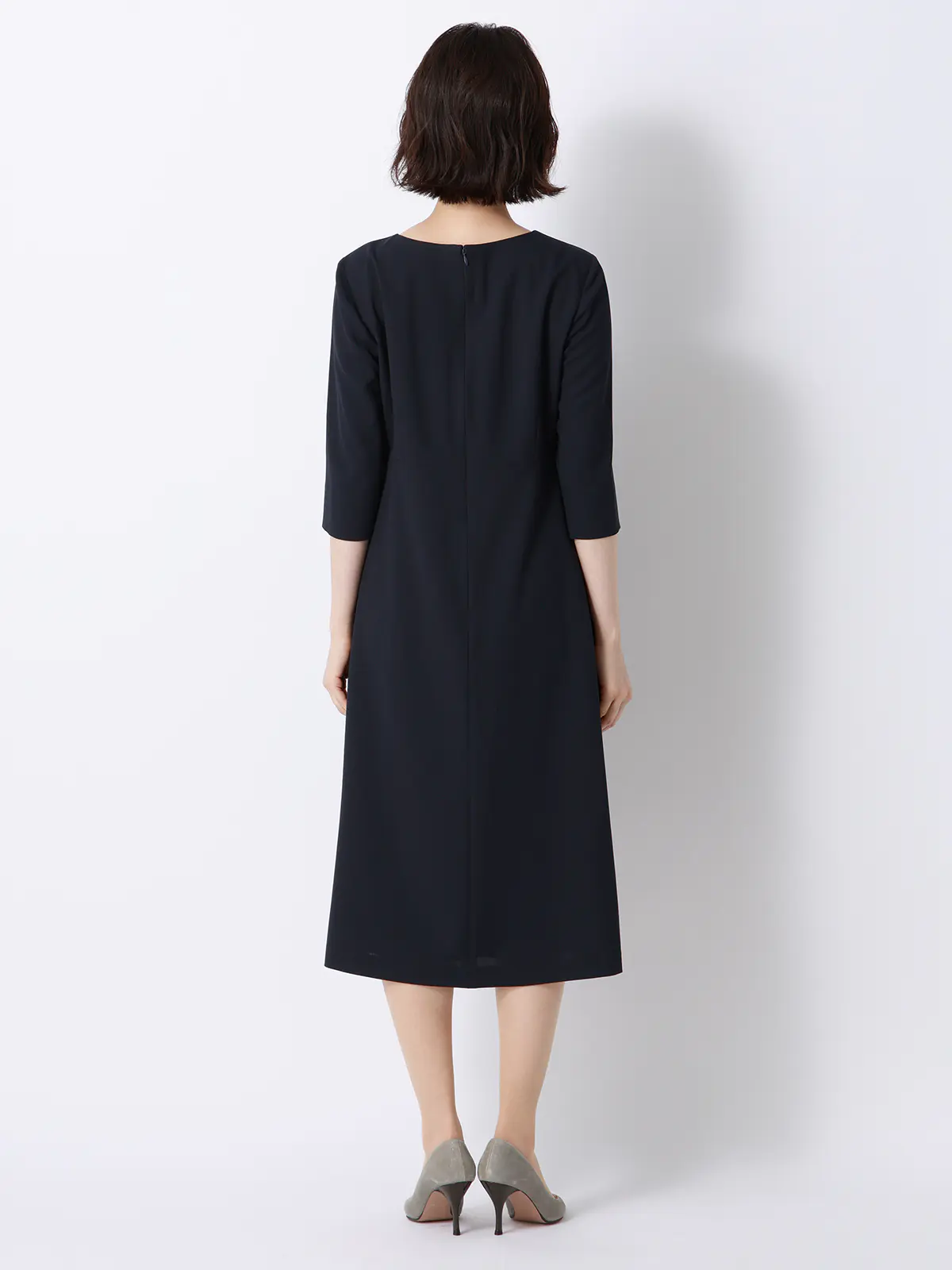 WEB限定／ジャケット＆ワンピースセットアップ／ノーカラー／ウォッシャブル／フォーマル／無地 ネイビー 36(7号）