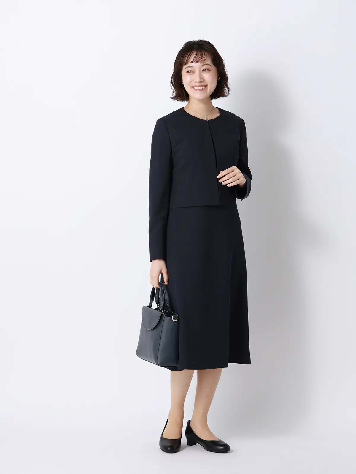 WEB限定／ジャケット＆ワンピースセットアップ／ノーカラー／ウォッシャブル／フォーマル／無地 ネイビー 36(7号）