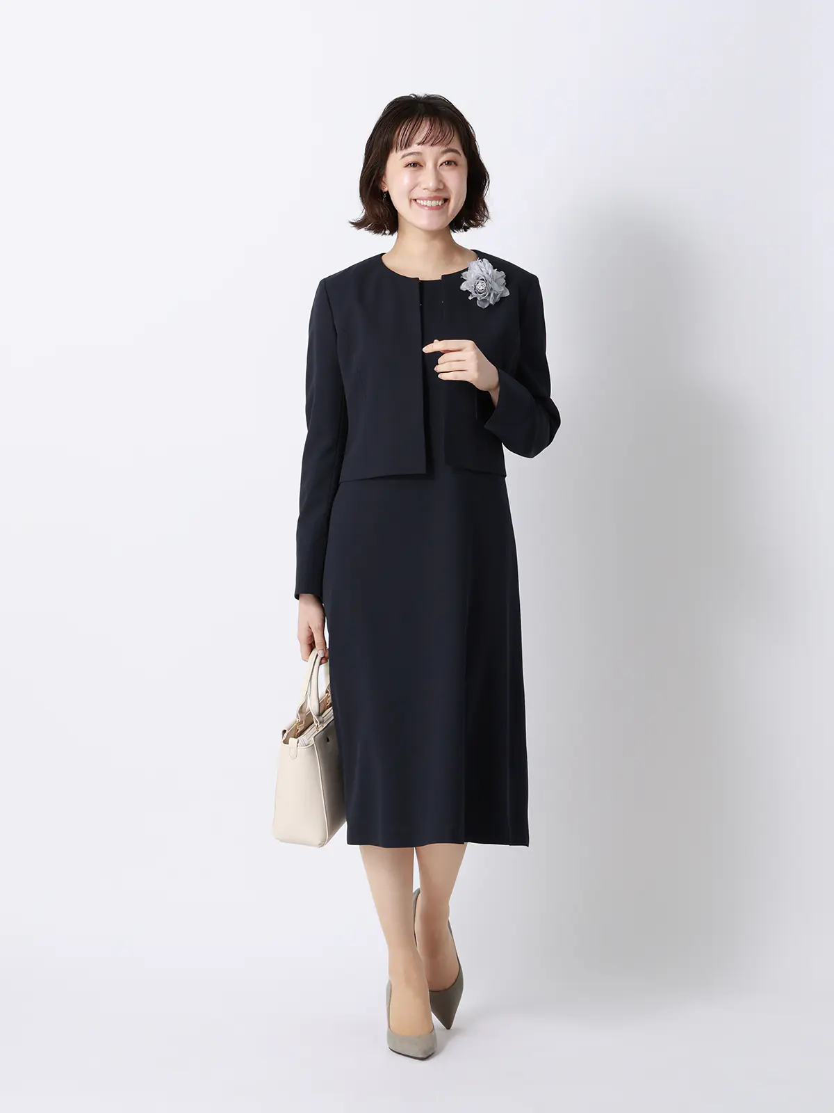WEB限定／ジャケット＆ワンピースセットアップ／ノーカラー／ウォッシャブル／フォーマル／無地 ネイビー 36(7号）