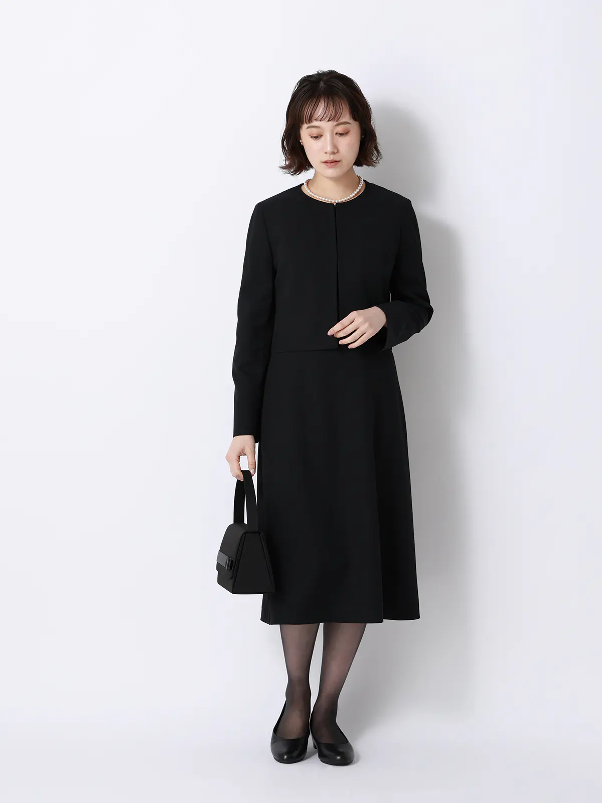 WEB限定／ジャケット＆ワンピースセットアップ／ノーカラー／ウォッシャブル／フォーマル／無地 ブラック 36(7号）