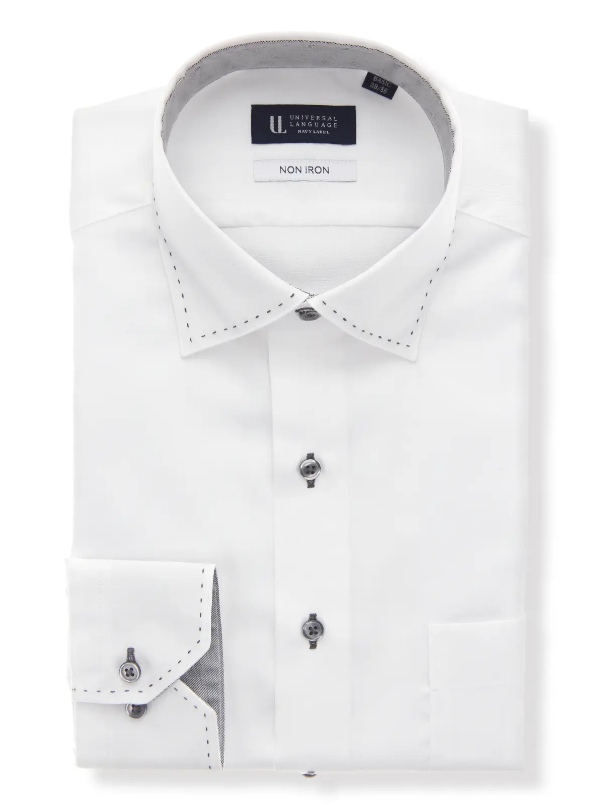 ワイシャツ／長袖／ノンアイロン／形態安定／ワイドカラー／織柄／BASIC／ドレスシャツ ホワイト 首周り:37cm,裄丈:80cm