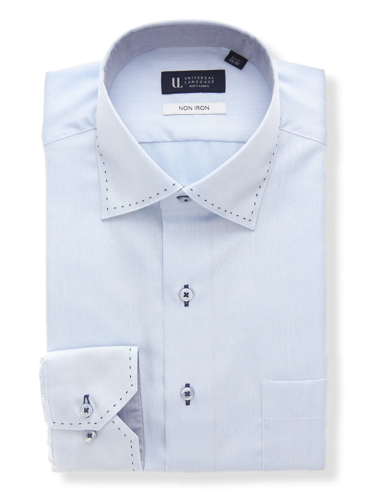 ワイシャツ／長袖／ノンアイロン／形態安定／ワイドカラー／織柄／BASIC／ドレスシャツ サックス 首周り:37cm,裄丈:80cm