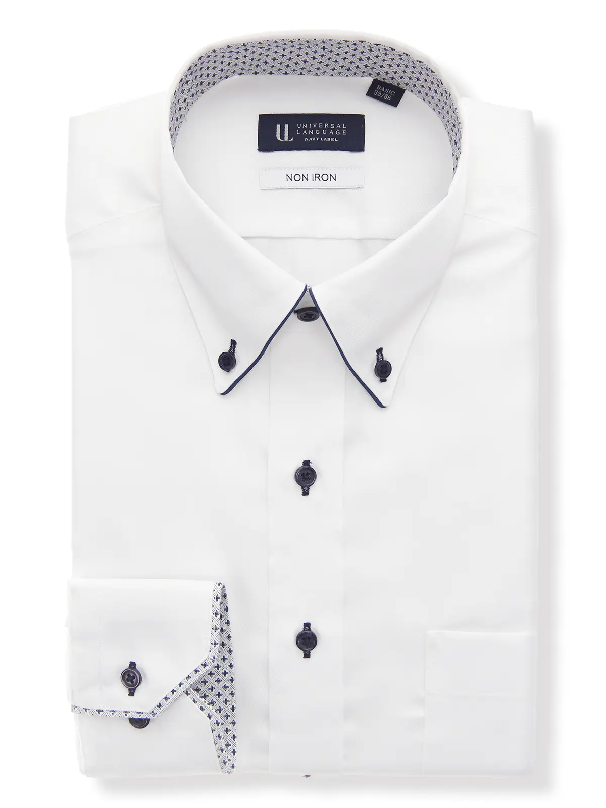 ワイシャツ／長袖／ノンアイロン／形態安定／ボタンダウンカラー／織柄／BASIC／ドレスシャツ ホワイト 首周り:37cm,裄丈:80cm